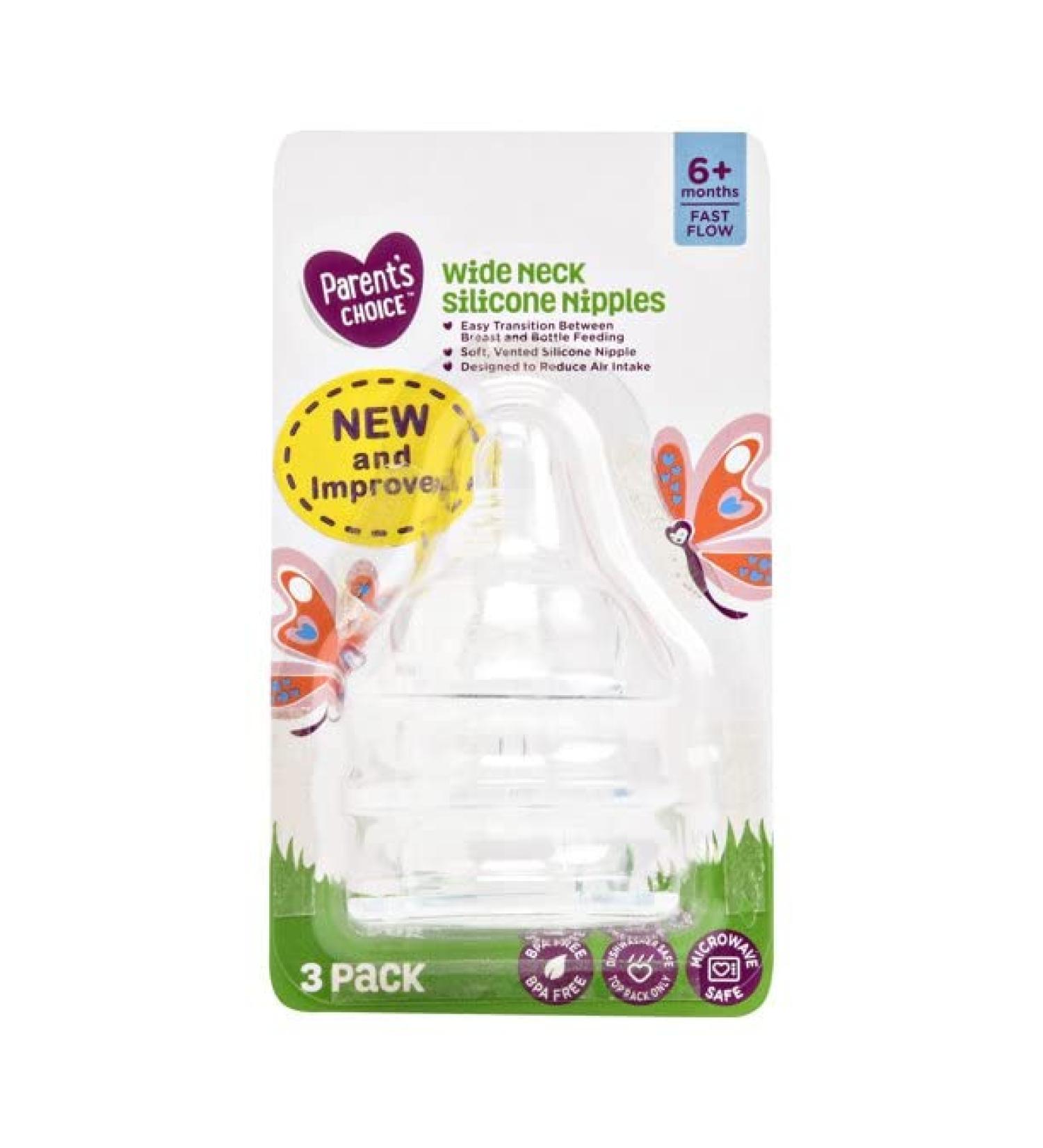 Baby Bottle Nipples Parent's Choice Wide Neck Silicone Nipples 6+ Months 3 Pack 1 Count