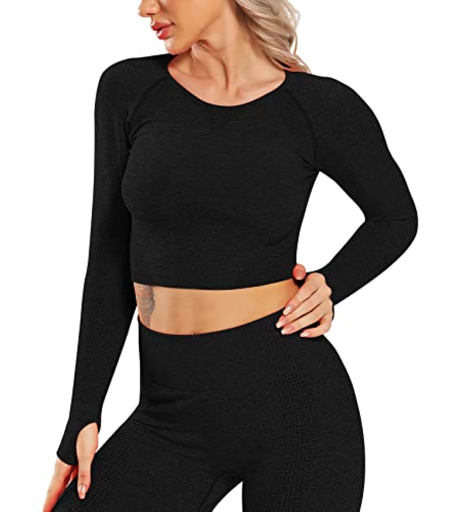 STARBILD Seamless Long Sleeve Yoga Crop Top | Compression Workout Shirt, Black, Large - Buy Online on GoSupps.com
