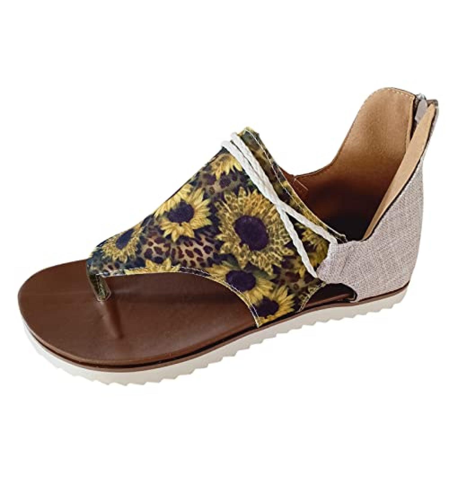 Floral Print Women's Summer Toe Shoes Sandals | Breathable & Comfortable | Zipper Closure | Water-Friendly Beach Sandals in Size 6.5-7 & 10 - Yellow - Buy Online on GoSupps.com