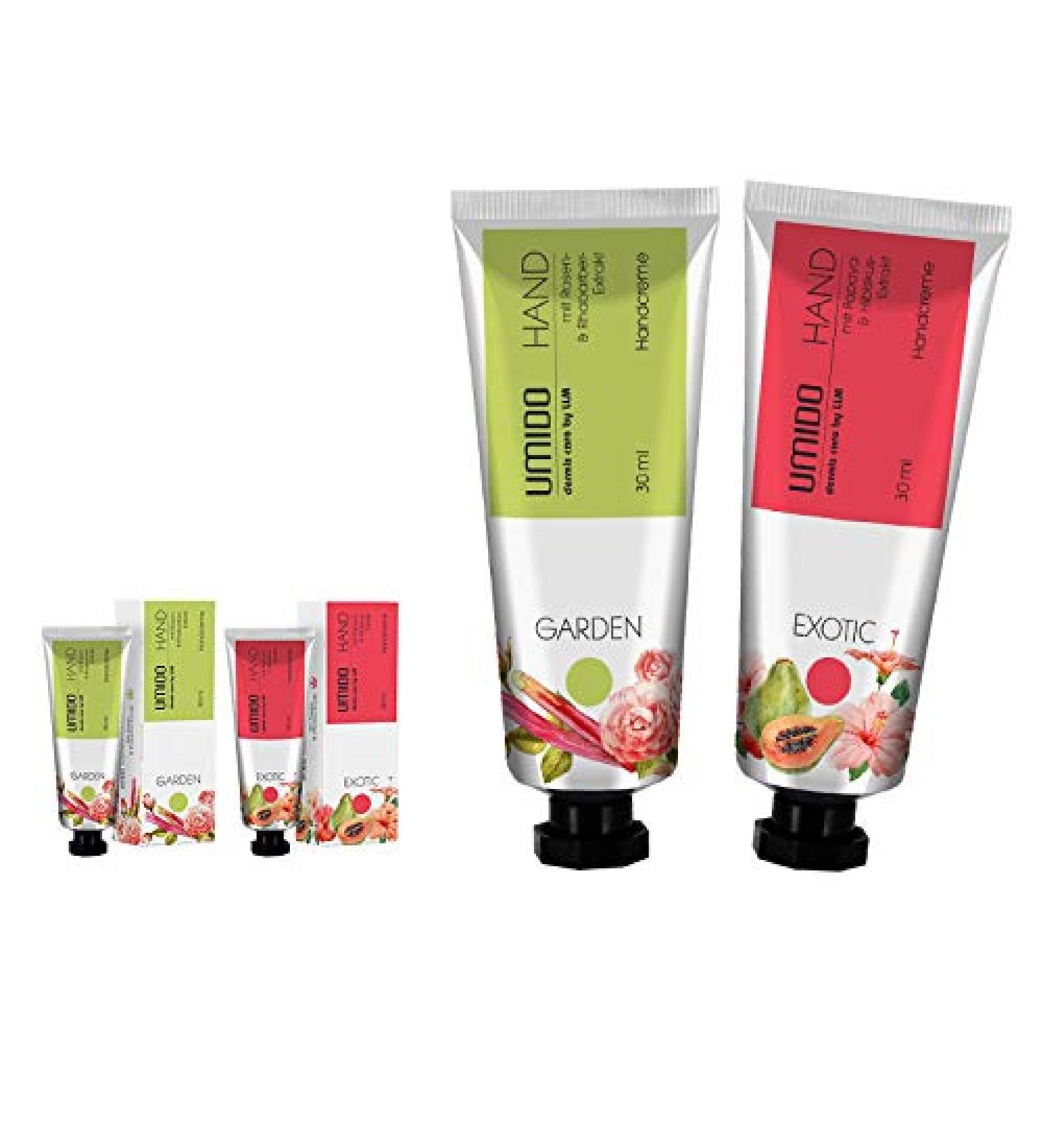 Umido 2 pieces set hand cream set 30 ml |1x rose extract & rhubarb extract |1x papaya extract & hibiscus extract |Without Parabens |Cream |Care cream |Hand lotion |Hand cream mini