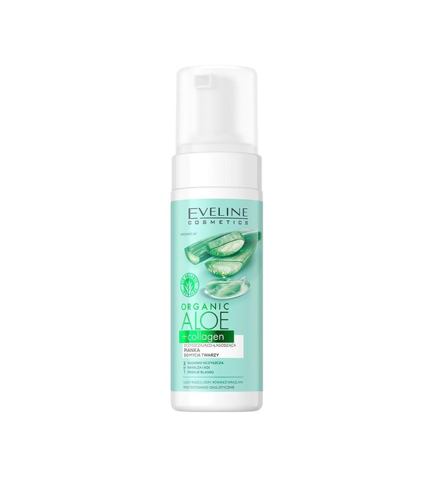 Eveline Cosmetics Mousse Nettoyante et Apaisante 3-en-1 l'Aloe Vera Bio et Collag ne avec Aloe Hydra Deep System Collag ne d'Acacia Avocat & Fleur de Lotus - 150 ml