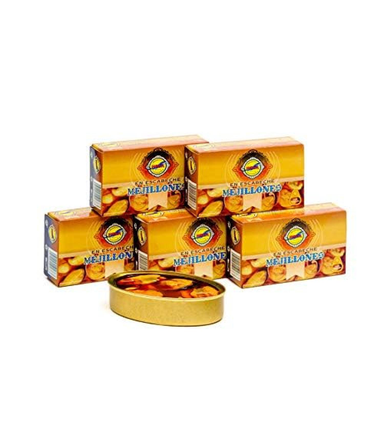Hoya Santo a Marinated Mussels - Pack of 5 cans of 112g/8-12 pieces (560g/40-60 pieces). Gourmet preserve of medium marinated mussels from Galicia. - Buy Online on GoSupps.com