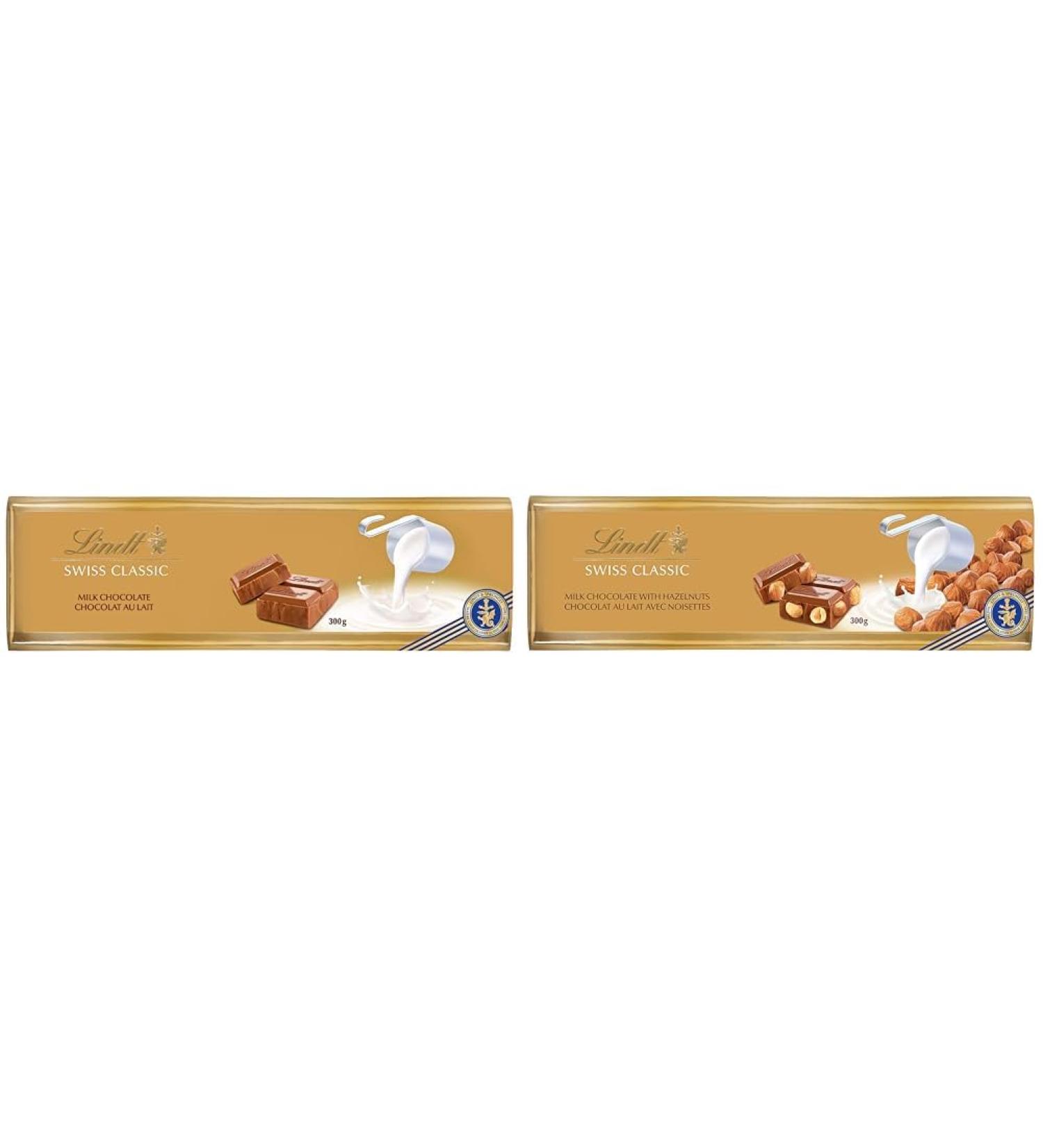 Lindt SWISS CLASSIC Gold Milk Chocolate Bar 300 Grams & Swiss Classic Milk Chocolate With Whole Roasted Hazelnuts - 300g Bar + Milk Chocolate - Buy Online on GoSupps.com