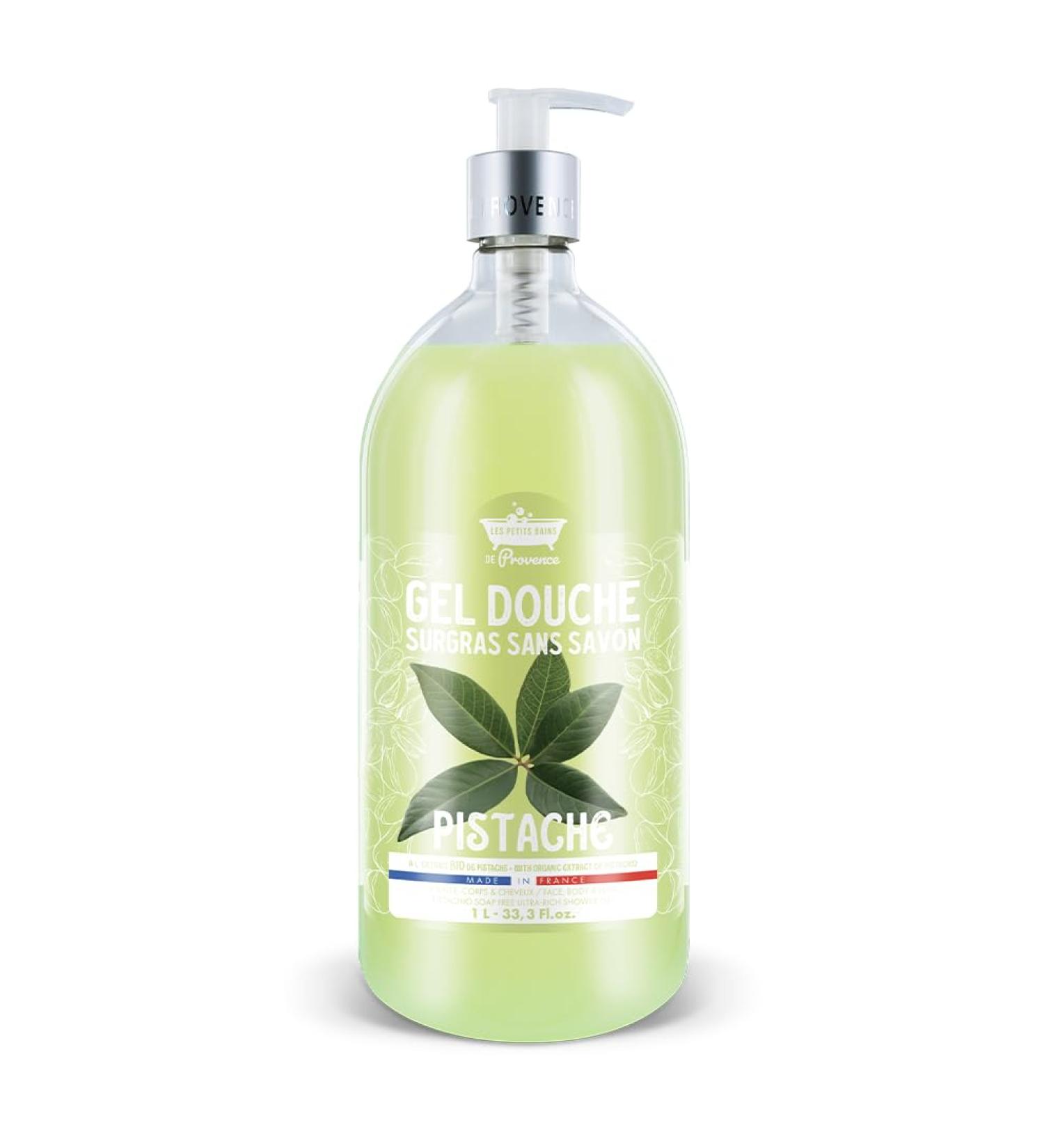 LES PETITS BAINS DE Provence Pistachio Shower Gel 1L Les Petits Bains de Provence - Family Size | Extra Fat Soap-Free | Organic Pistachio Extract | Face Body & Hair | Made in Provence France | Dermatologically Tested