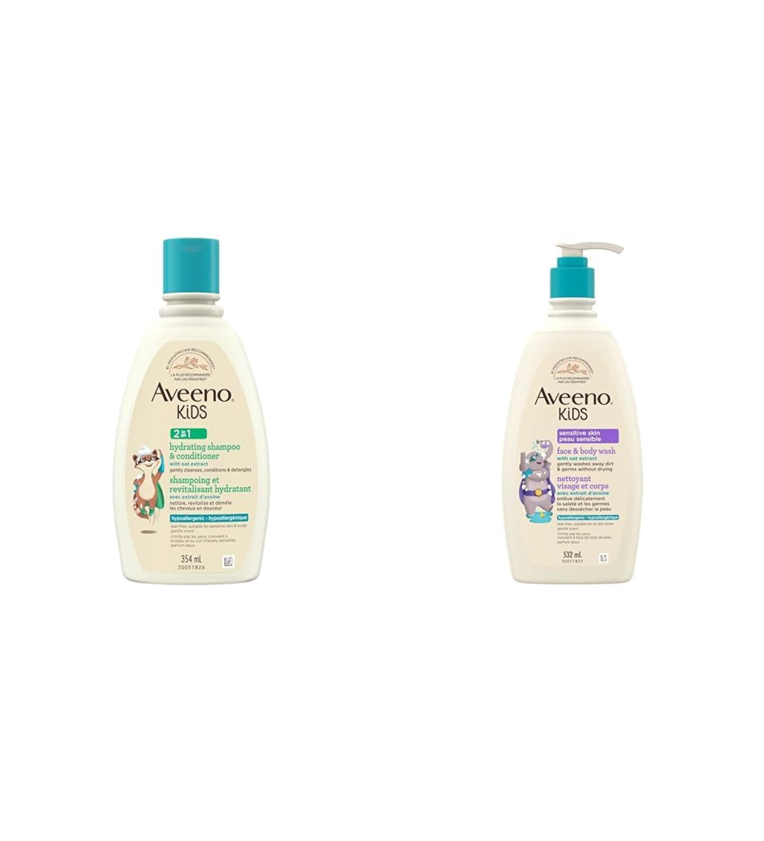 Pack of 2 - Aveeno Kids 2-in-1 Hydrating Shampoo & Conditioner Oat Extract Kids Hair Care Detangler Hypoallergenic Tear-Free For Sensitive Skin & Scalp 354 mL + Face & Body Wash 532 mL