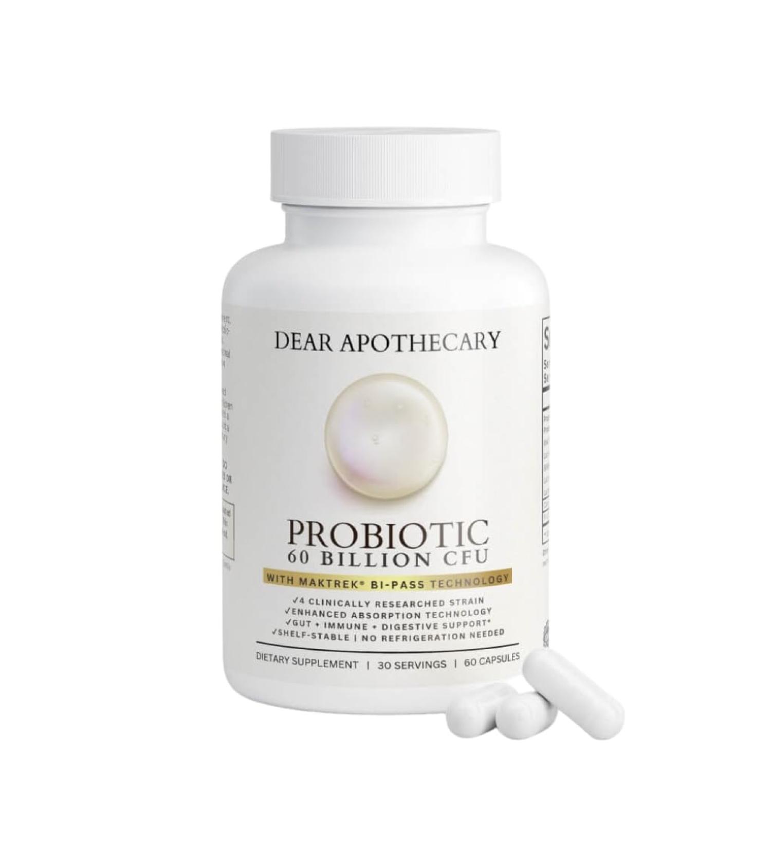 Dear Apothecary Probiotic 60 Billion CFU with MAKTrek Bi-Pass Technology - 4 Clinically Researched Strains - Gut Immune & Digestive Support - Shelf Stable No Refrigeration - 60 Capsules - Buy Online on GoSupps.com