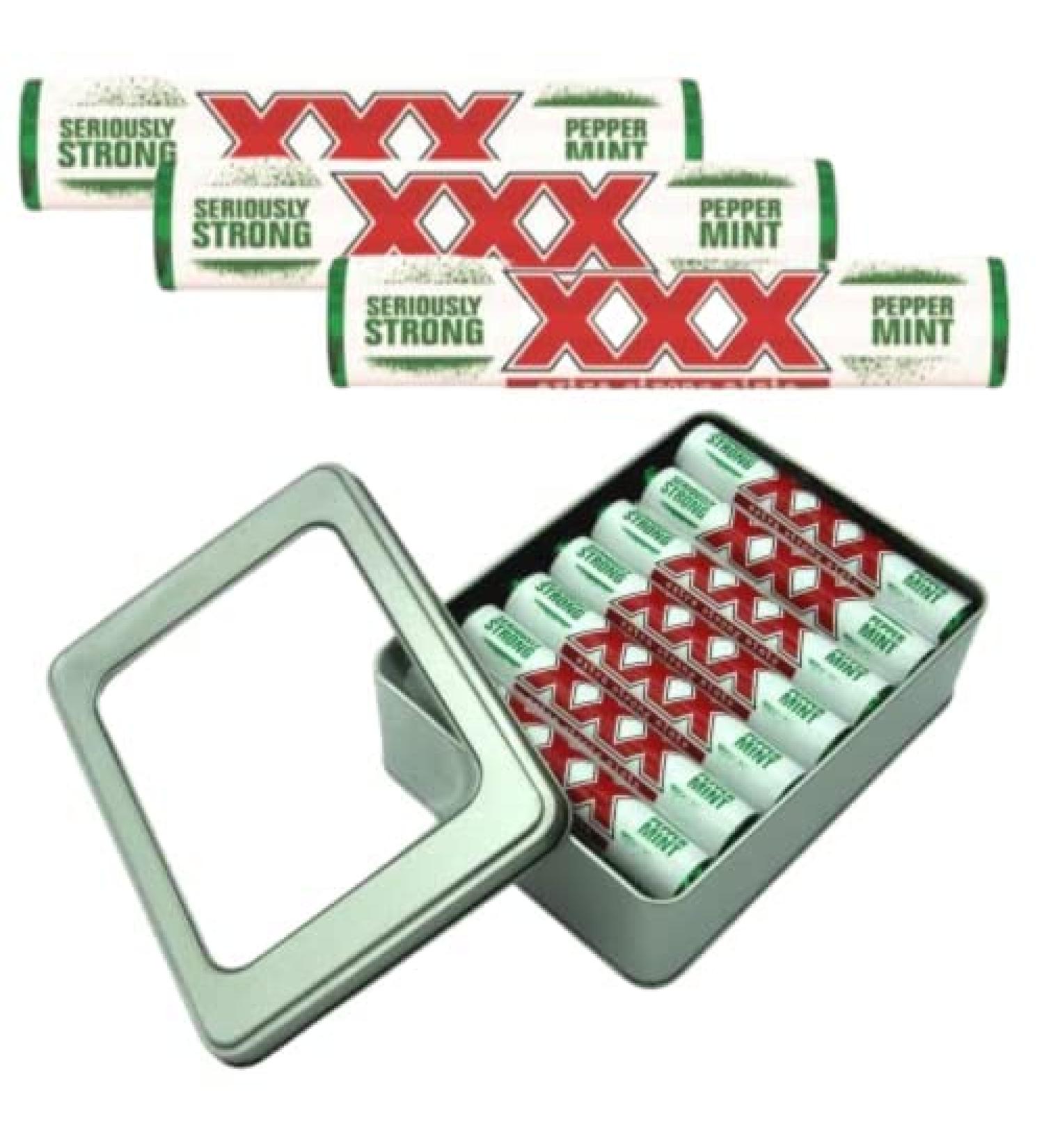 XXX Extra Strong Peppermint Mints - 14 Rolls with TinTastic Silver Refillable Keepsake Tin - Buy Online on GoSupps.com