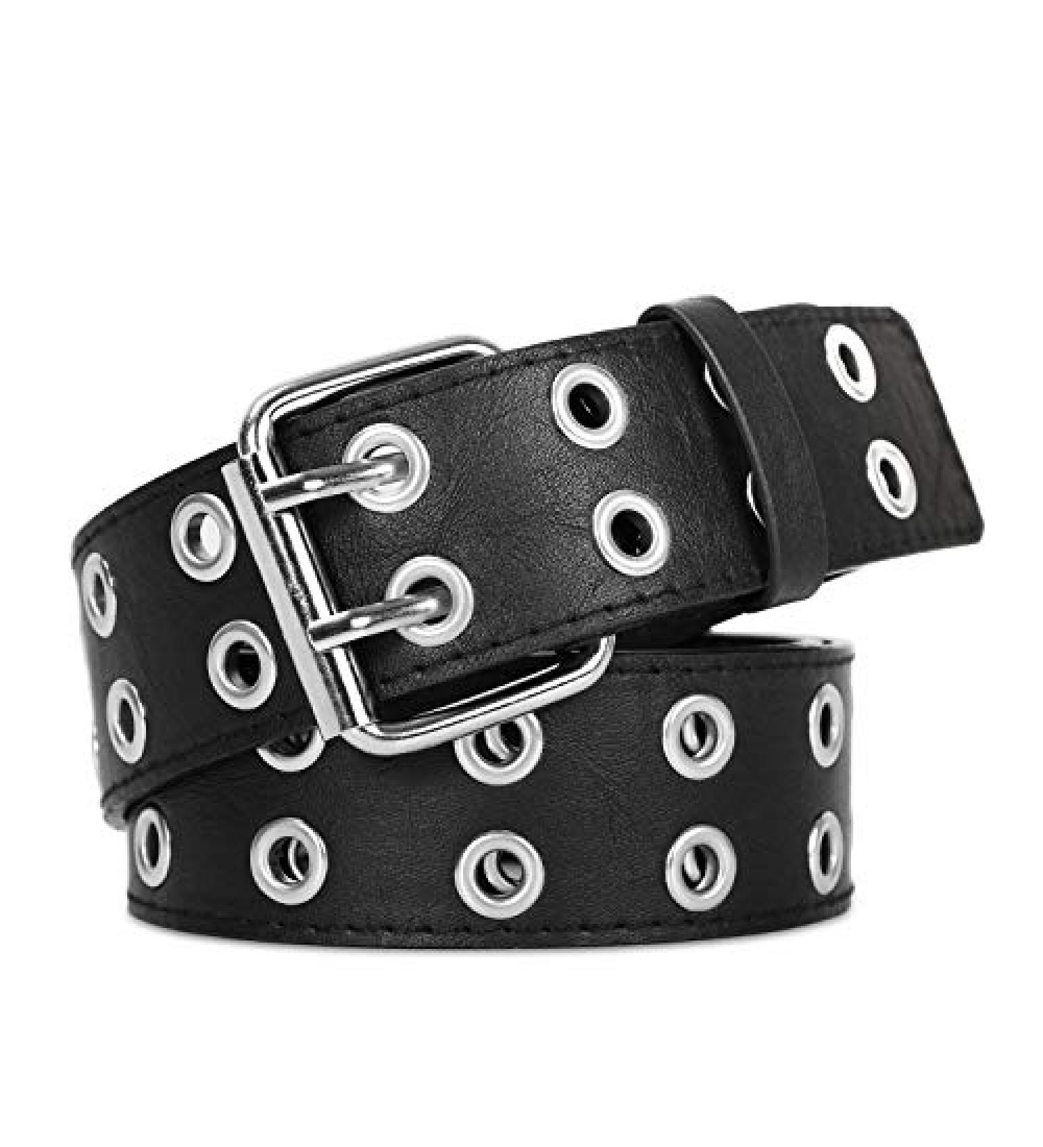 XZQTIVE Double Grommet PU Leather Belt | Wide 1.5 Inch | 01 Black | Fits 22-35inch Pants | Unisex Punk Metal Jean Belt - Buy Online on GoSupps.com