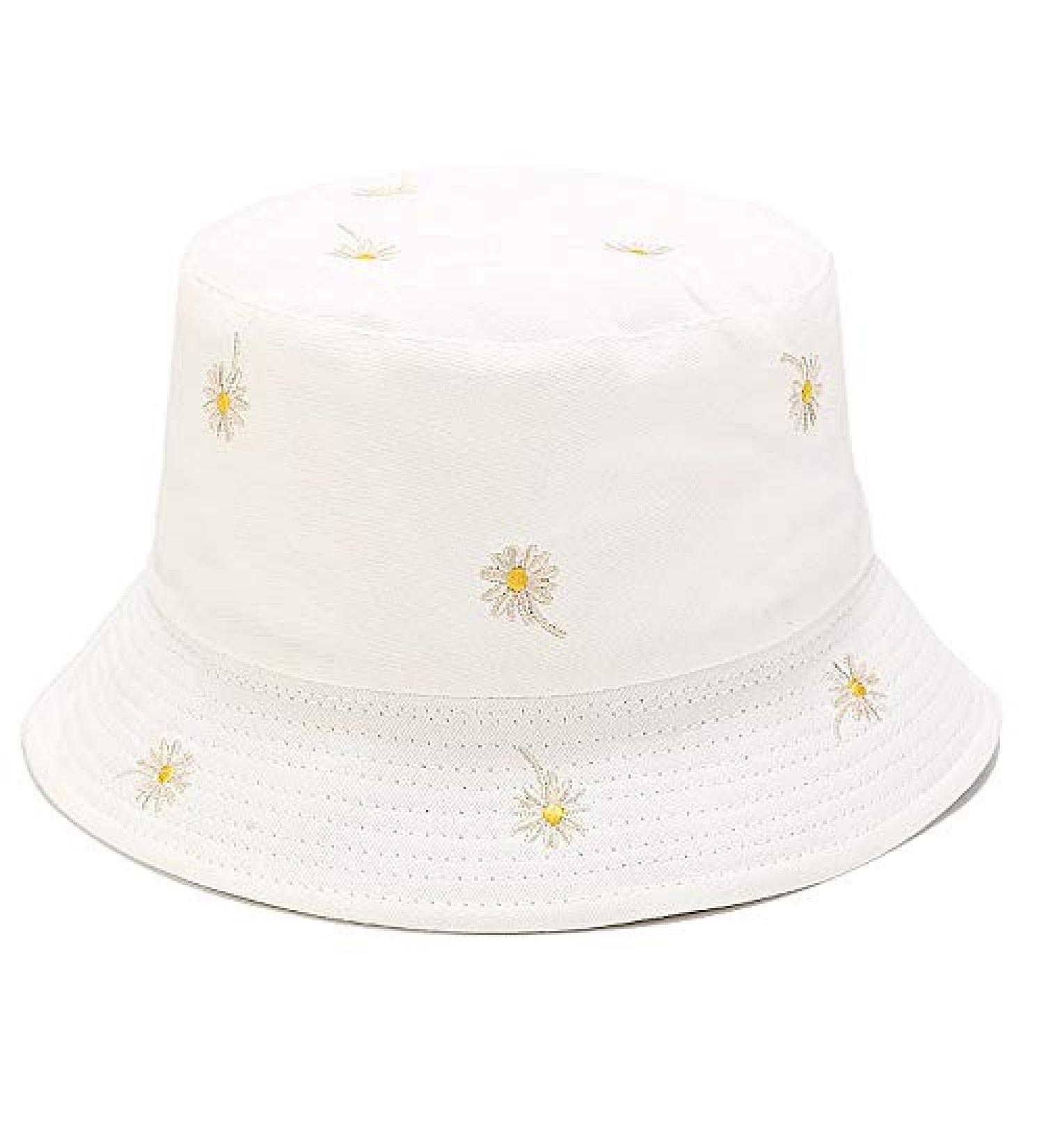 Umeepar Embroidered Bucket Hat Reversible Packable Foldable Beach Sun Hat Outdoor Cap for Women Men Daisy White/Plain White