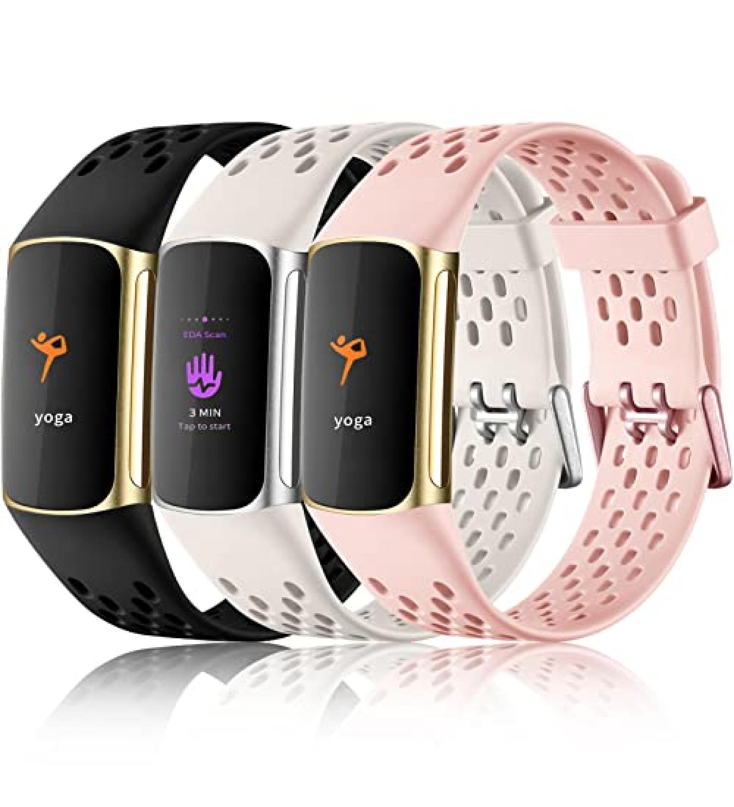 Maledan Fitbit Charge 5 Bands - 3 Pack Breathable Sport Bands for Men and Women, Waterproof Replacement Wristbands in Black, Pink Sand, and Lunar White - Buy Online on GoSupps.com
