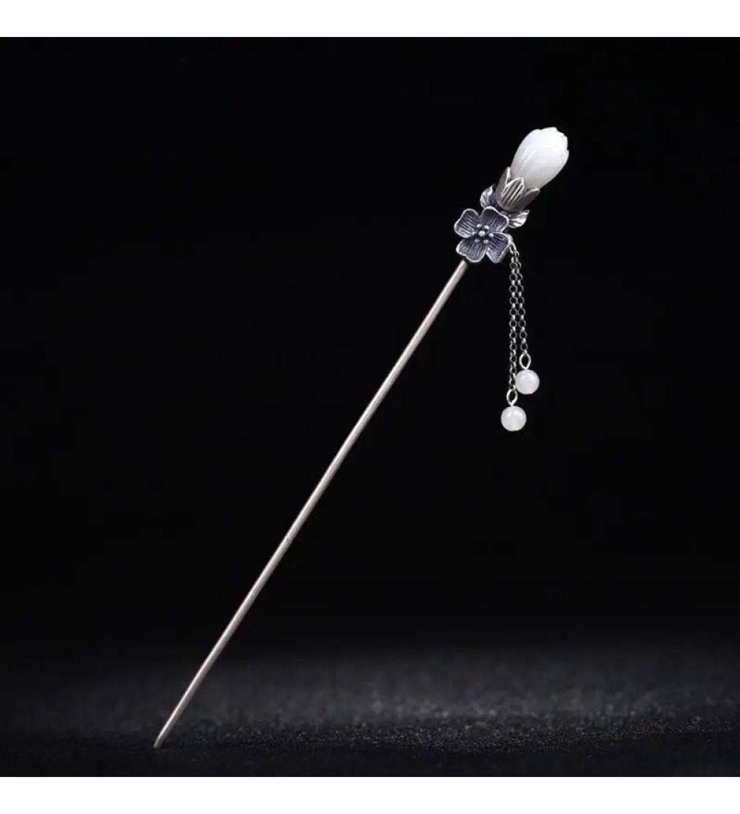 Vintage S925 Sterling Silver Chinese Hair Chopsticks with Magnolia Jade Tassel - Elegant Hair Bun Jewelry for Bride and Women - Buy Online on GoSupps.com