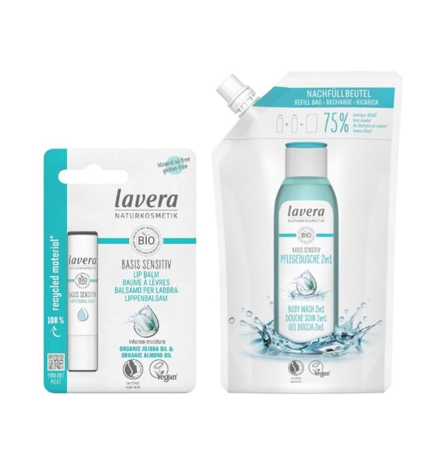 MM lavera basis sensitiv Lip Balm for Sensitive Lips & Refill Bag Shower Basic Sensitive 2-in-1 with Organic Aloe Vera & Vegetable Keratin | Natural Lip Care & Gentle Shower Gel - Buy Online on GoSupps.com