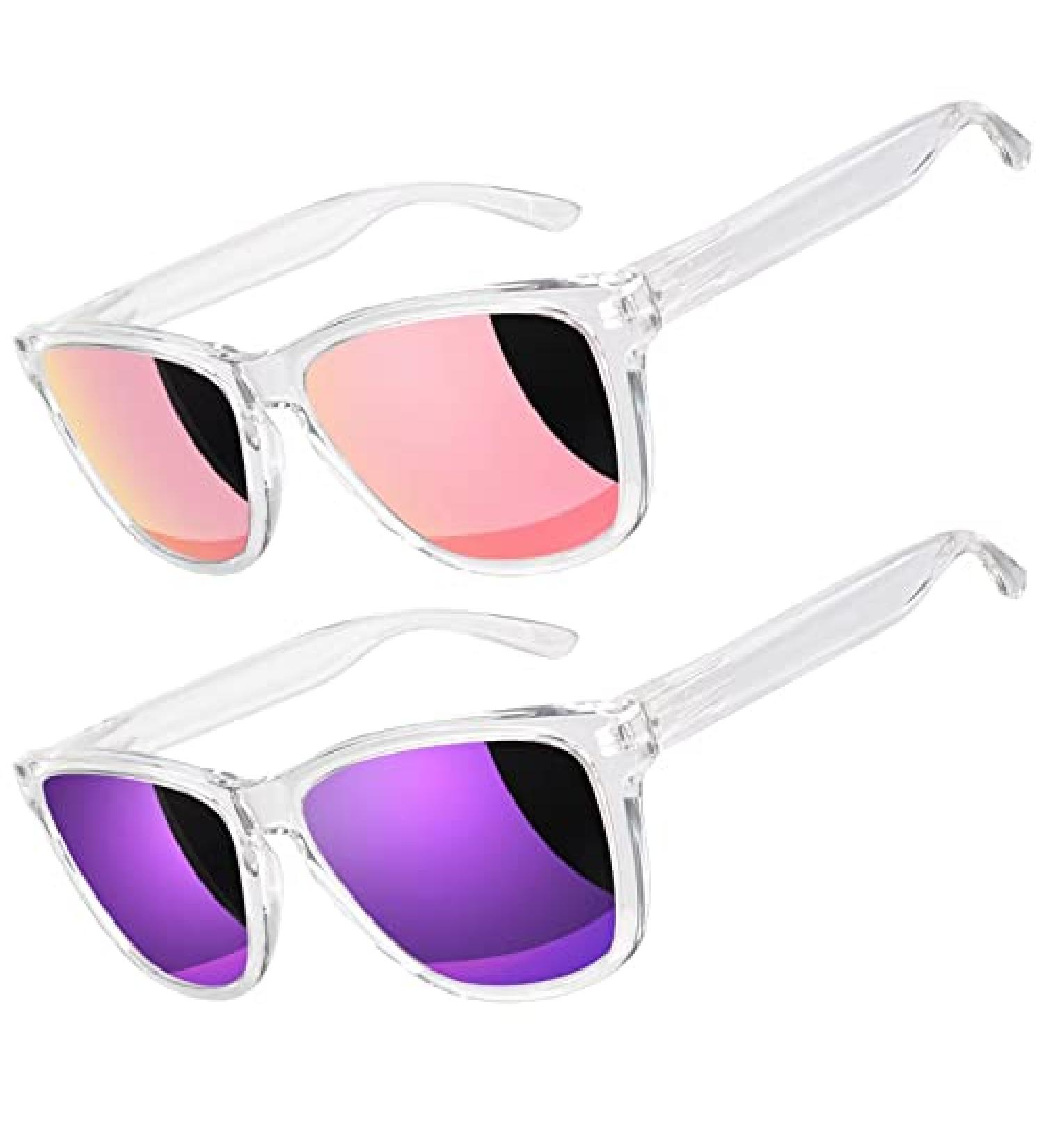LINVO Polarized Sunglasses for Men and Women - Clear Frame with UV400 Pink and Purple Mirrored Lenses - Buy Online on GoSupps.com