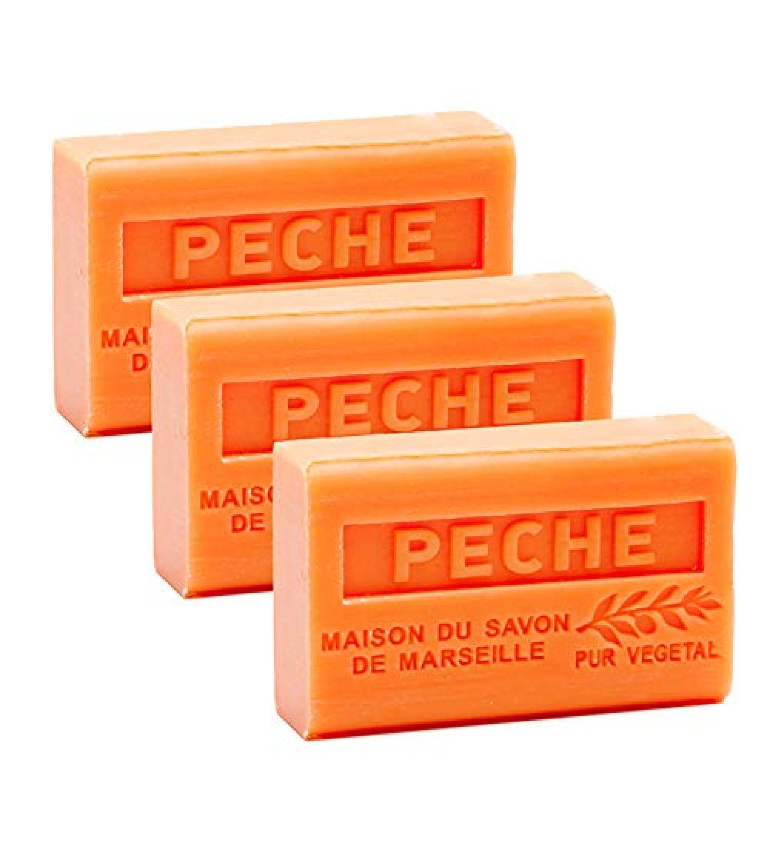 French Soap 3 x 125 g - Peach - Shea Butter - La Maison du Savon de Marseille Savon Peach 125 g (Pack of 3)
