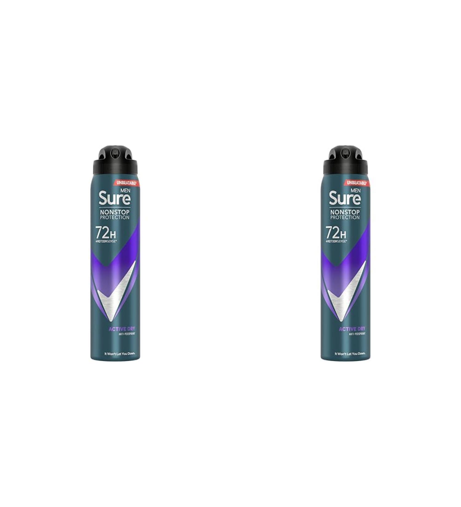 Sure Men Nonstop Protection Active Dry Antiperspirant Deodorant with Body Heat Activated technology Spray for 72-hour odour and sweat protection 250 ml (Pack of 2) Fresh 250 g (Pack of 2) - Buy Online on GoSupps.com