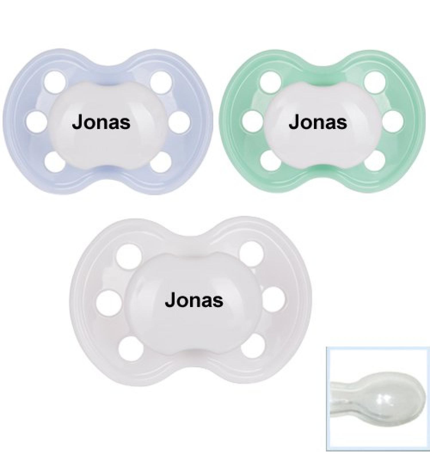 BabyNova pacifier with name symmetrical silicone size 2 (light blue+mint green+white) (pack of 3)