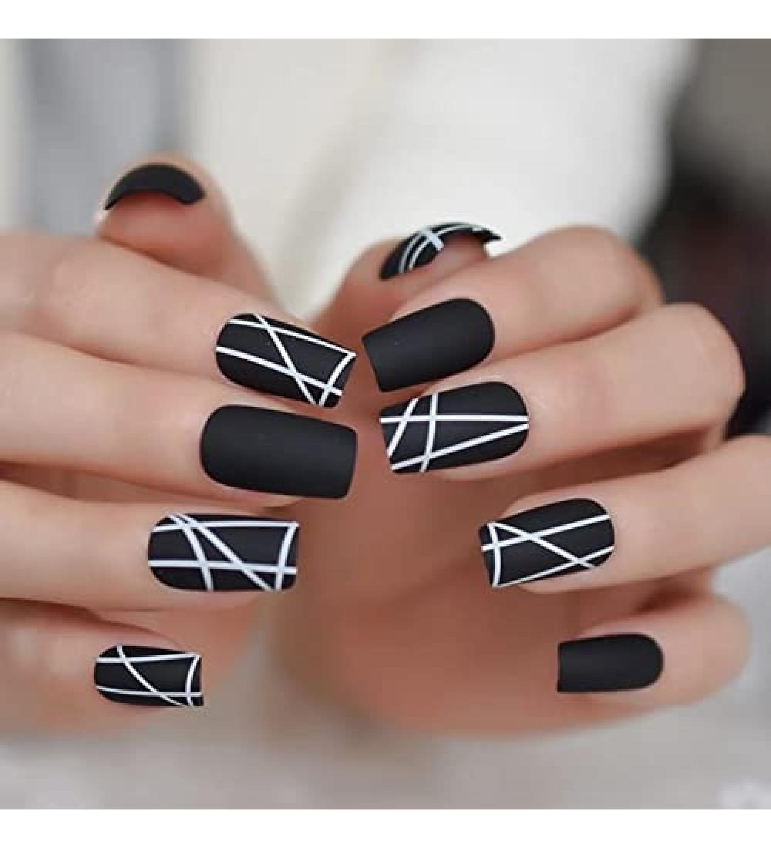 A N K 24 pieces Black false Nails medium length full coverage Glossy fake Artificial nails (Black Strip nail) Striped - Buy Online on GoSupps.com