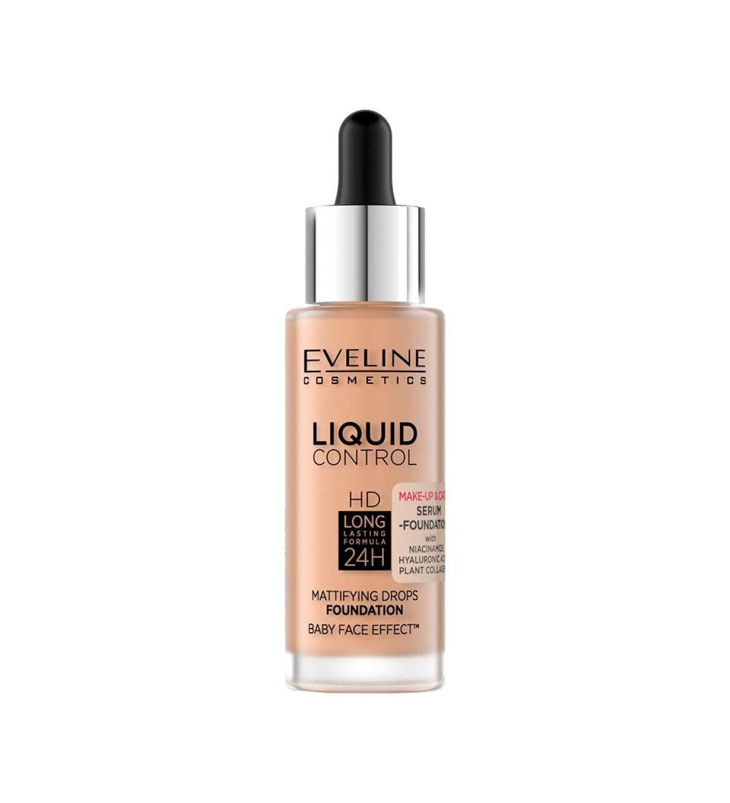 Eveline Cosmetics Control HD Liquid Foundation with Niacinamide - No. 055 Honey, Moisturizing and Long-Lasting Makeup