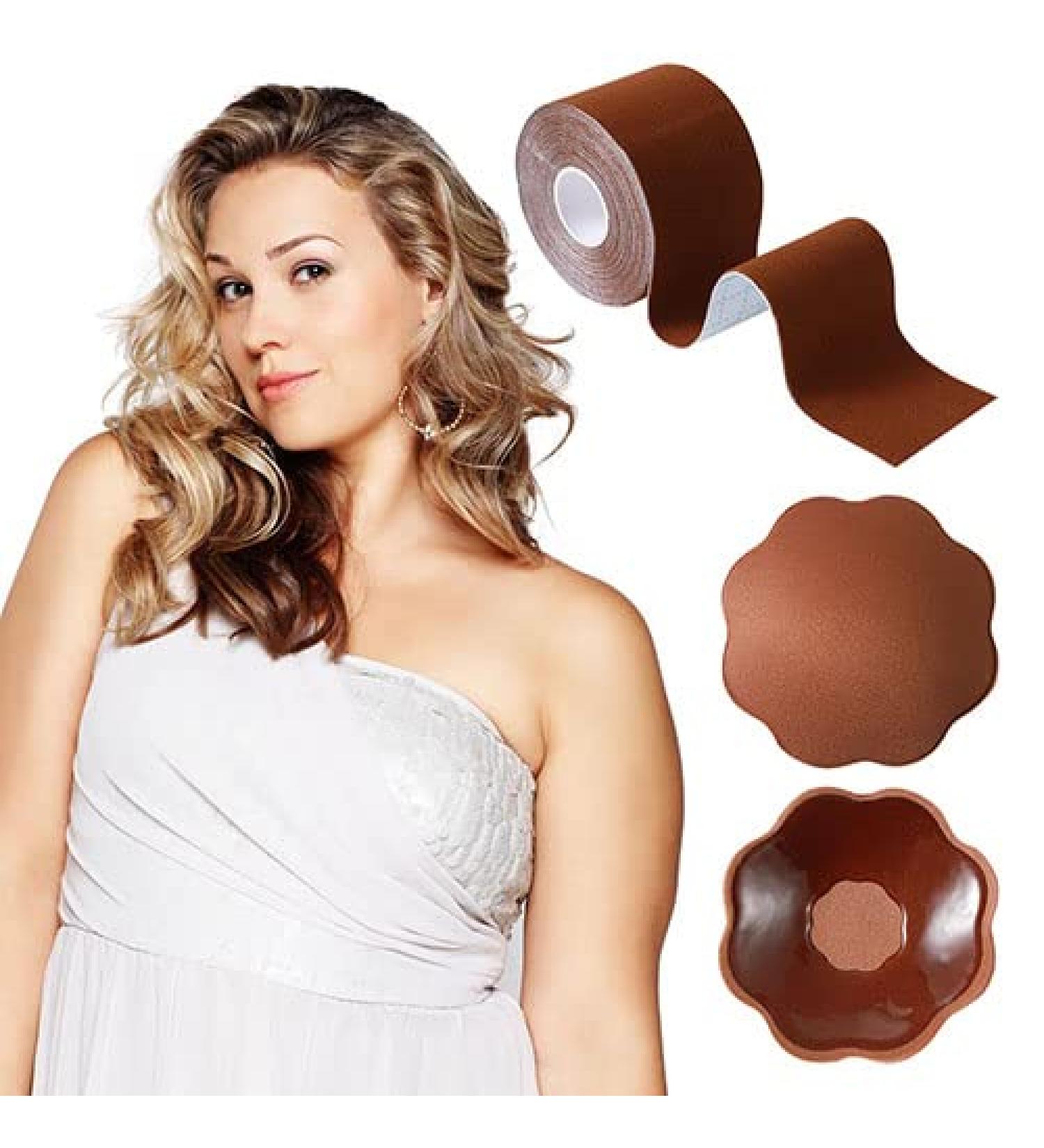 XL Breast Lift Tape for Large Breasts | Breathable Boobytape with Reusable Nipplecover | Adhesive Bra for Athletic Support | Brown - Buy Online on GoSupps.com
