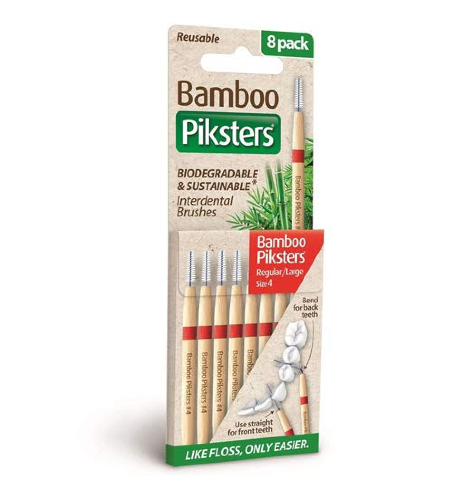 Piksters Bamboo Interdental Brush - Size 4 Red 0.65mm - 8 Brushes Per Pack 8 Count (Pack of 1) Red
