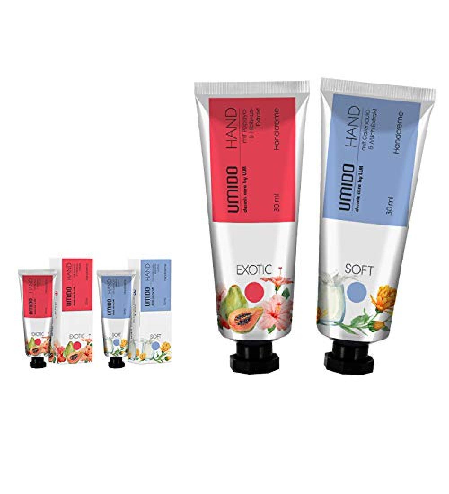 Umido 2 pieces set hand cream set 30 ml |1x papaya extract & hibiscus extract |1x calendula extract & milk extract |Without Parabens |Cream |Care cream |Hand lotion |Hand cream mini