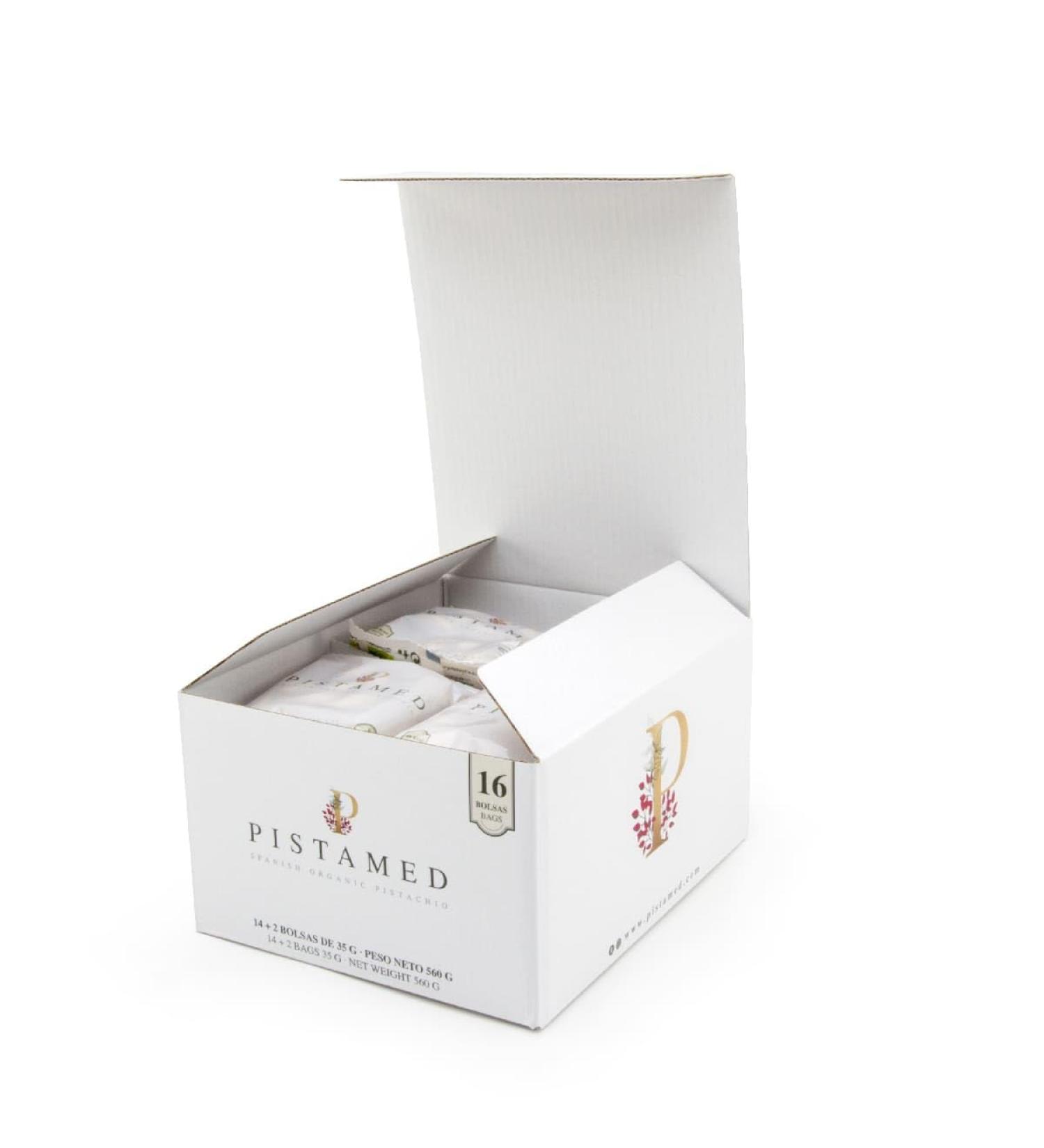 PISTAMED - Organic Pistachios - Salt Free - Artisan Roasting - No Additives and Gluten Free - High in Fiber - Vegetarian and Vegan Diets - Box: 560 gr 16 bags of 35 gr - Buy Online on GoSupps.com