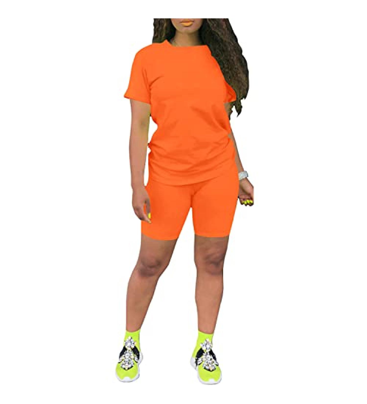 PINSV Women's Summer Bodycon Short Pants Workout Set - Orange, Large - Buy Online on GoSupps.com