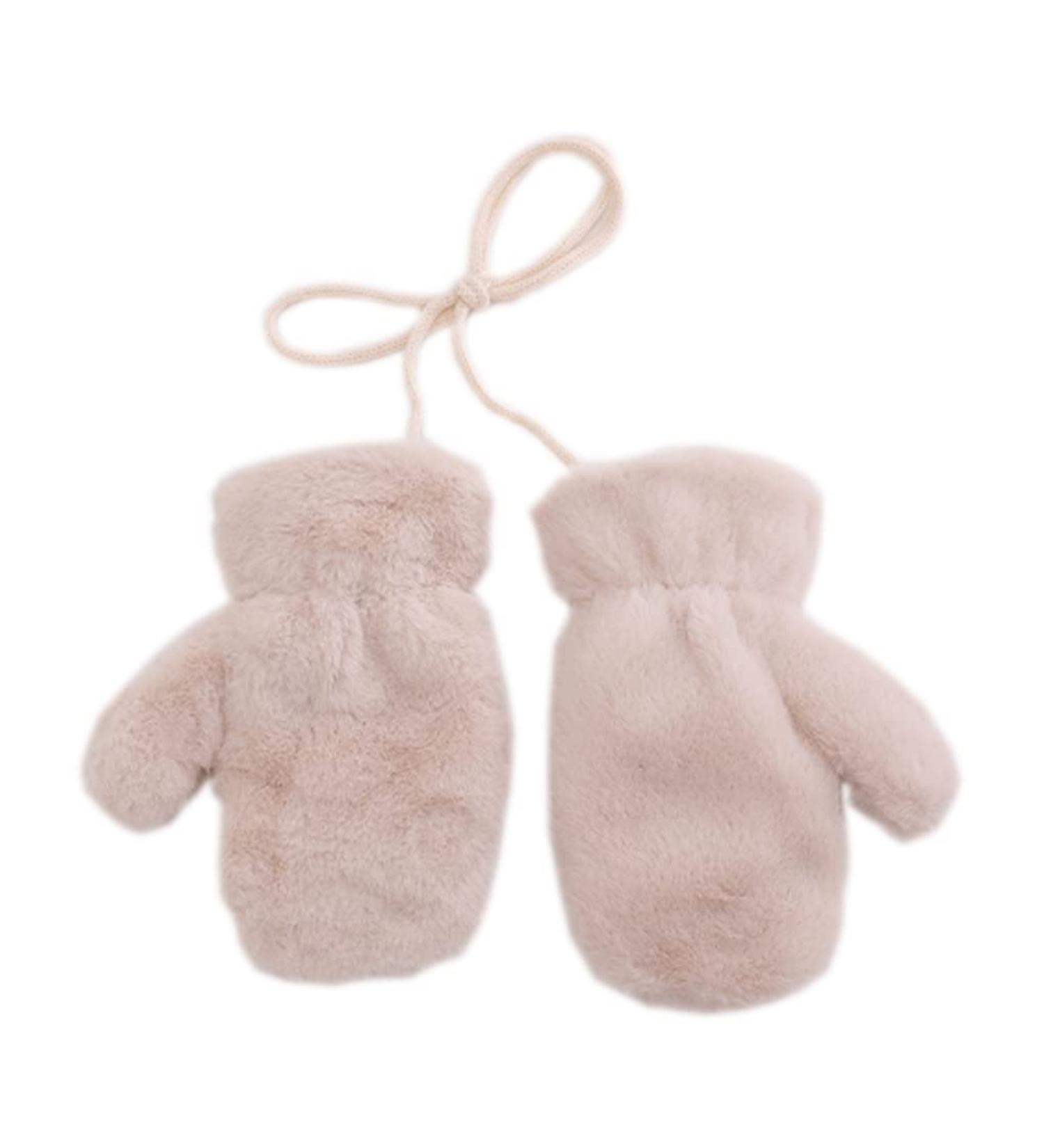 Kids Plain Winter Mittens | Thick Fleece Padded | Super Warm Ski Gloves with Anti-Lost String | Ages 3-8 | Pure Beige - Buy Online on GoSupps.com