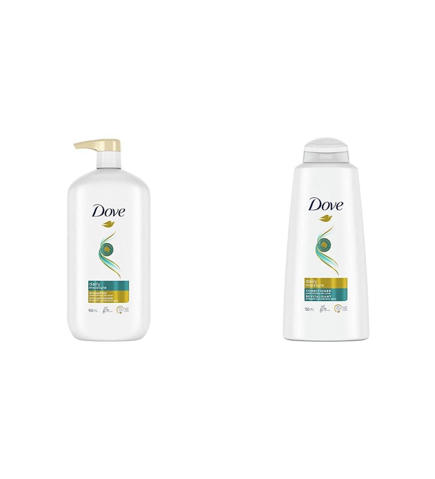 Dove Daily Moisture Shampoo hydrates and nourishes dry hair for up to 5x smoother hair 950 ml & Daily Moisture Conditioner with Bio-Nourish Complex moisturizes and nourishes dry hair 750 ml 950 ml (Pack of 1) Daily Moisture + Moisture Conditioner - Buy Online on GoSupps.com