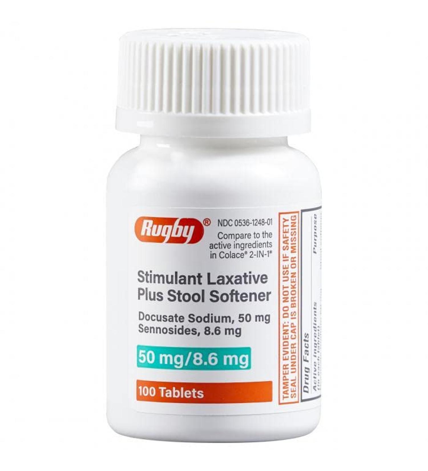 Rugby 2 in 1 Stimulant Laxative Plus Stool Softener Docusate Sodium 50 mg/Sennosides 8.6 mg - 100 Tablets