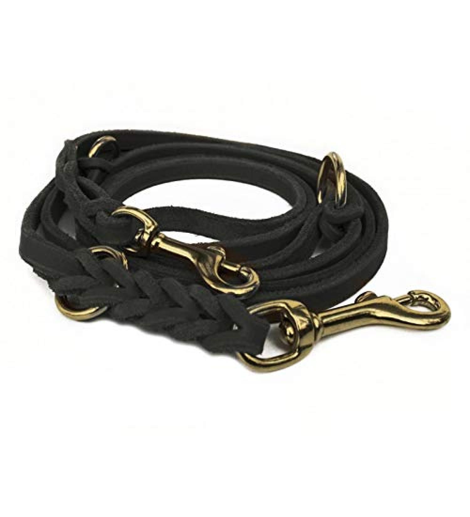 Fat leather Gleine 3-way adjustable leather line braided for dogs 96 models to choose from (3m x 12mm black brass hook) 3m x 12mm black brass hook