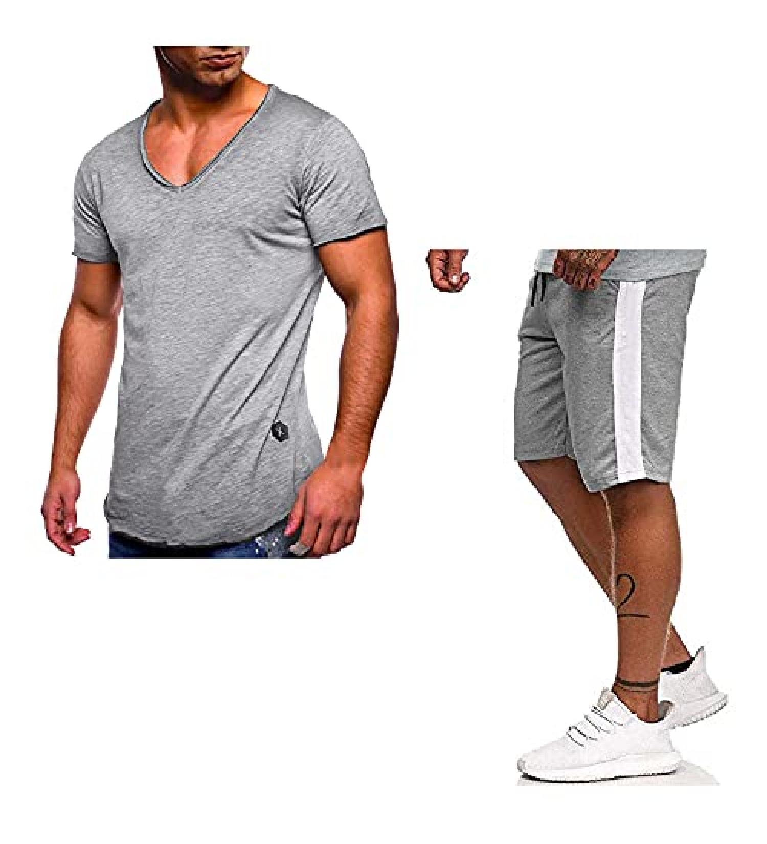 Men's Gray Short Sleeve T-Shirt and Shorts Suit Set - XL | Running Jogging Athletic Sports V-Neck Zip Sports Suit - Buy Online on GoSupps.com
