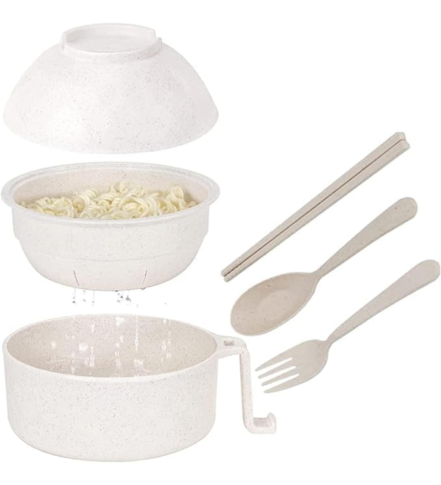 Instant Noodles Bowl with Chopsticks Spoon Fork Rapid Ramen Noodles for College Dorm Room Essentials Dishwasher-Safe Ramen Bowl Microwave Ramen Bowl Set Instant Noodle Bowl (WHITE) - Buy Online on GoSupps.com