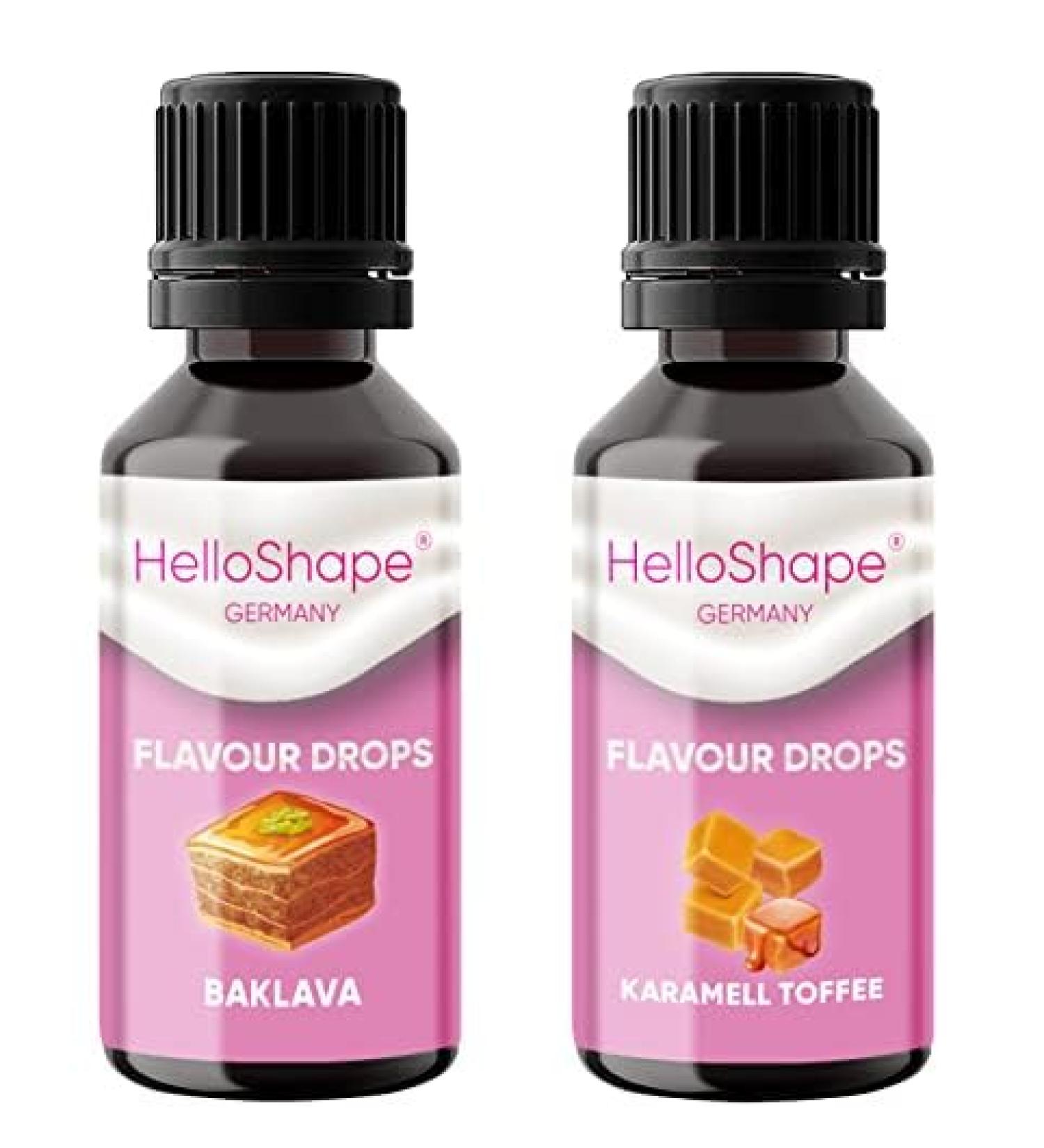 Flavor Drops Sugar-Free Set 2x30ml - Baklava & Karamell-Toffee | Vegan Sweetener for Yoghurt Porridge & Quark | Hello Shape - Zero Calories! - Buy Online on GoSupps.com