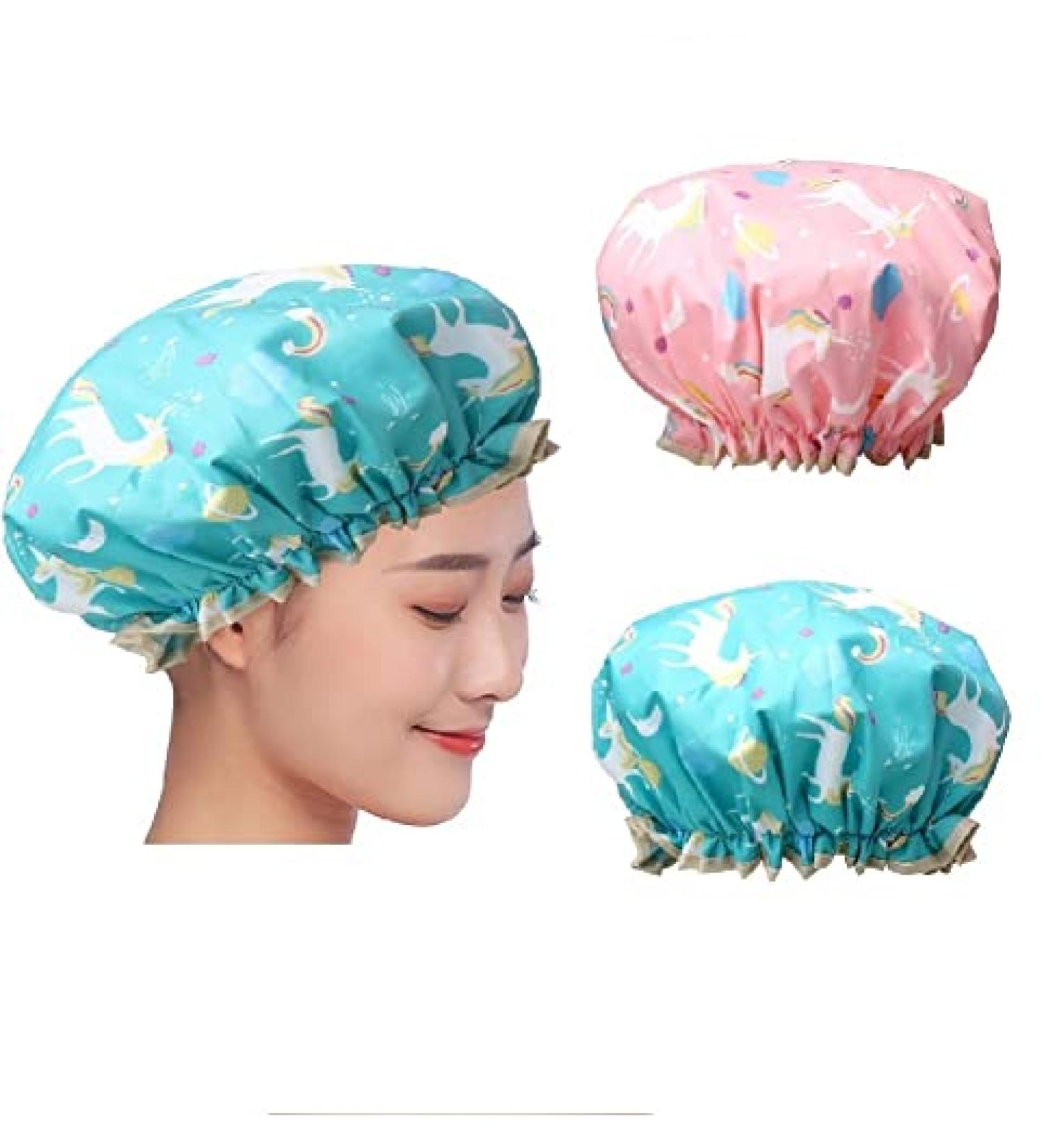Kuou Waterproof Shower Caps for Women Men & Children - Satin Lined Elastic Band 2 Pack Hair Protection - Buy Online on GoSupps.com