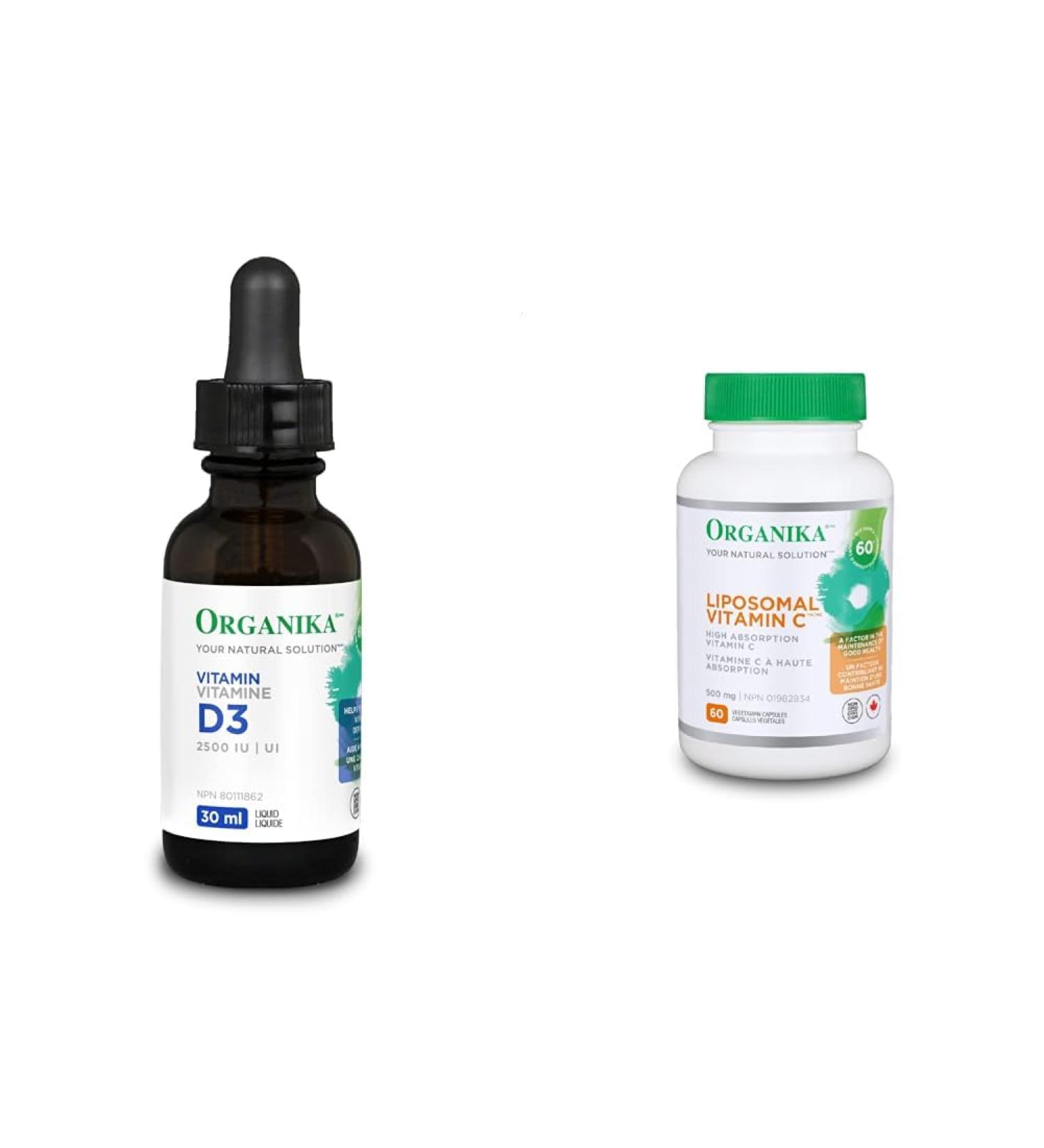 Organika Vitamin D3 Liquid 2500IU- Olive Oil Base Immune System Support- 30ml & Liposomal Vitamin C 500mg- High Absoprtion for Superior Bioavailability Immunity- 60vcaps Nutritional Supplement + Vitamin C 500mg - Buy Online on GoSupps.com