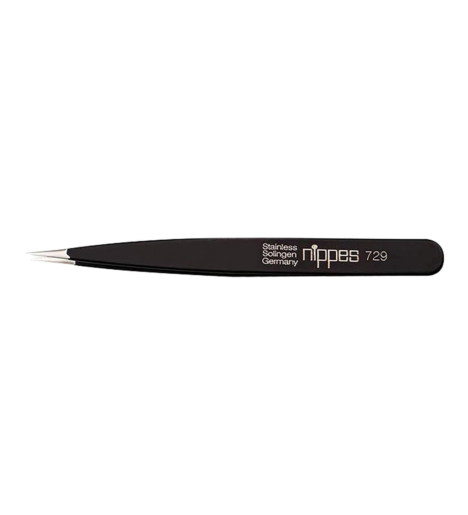 Nipple Solingen 729 Tweezers - Narrow Fine Tip Rustproof Stainless Steel 9.5 cm for Precise Eyebrow & Hair Removal - Black Pinchette Spitz - Buy Online on GoSupps.com