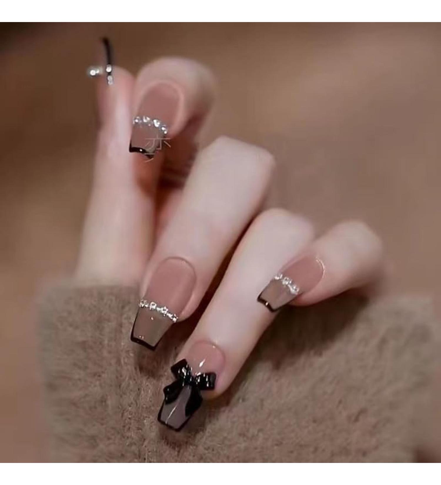 MENILITHS 24Pcs/Set Press On Nails Long Transparent Coffee Bow Design False Nails Acrylic Fake Nails Full Cover Nails Tips Artificial Finger Manicure Press on nails for Women and Girls - Buy Online on GoSupps.com