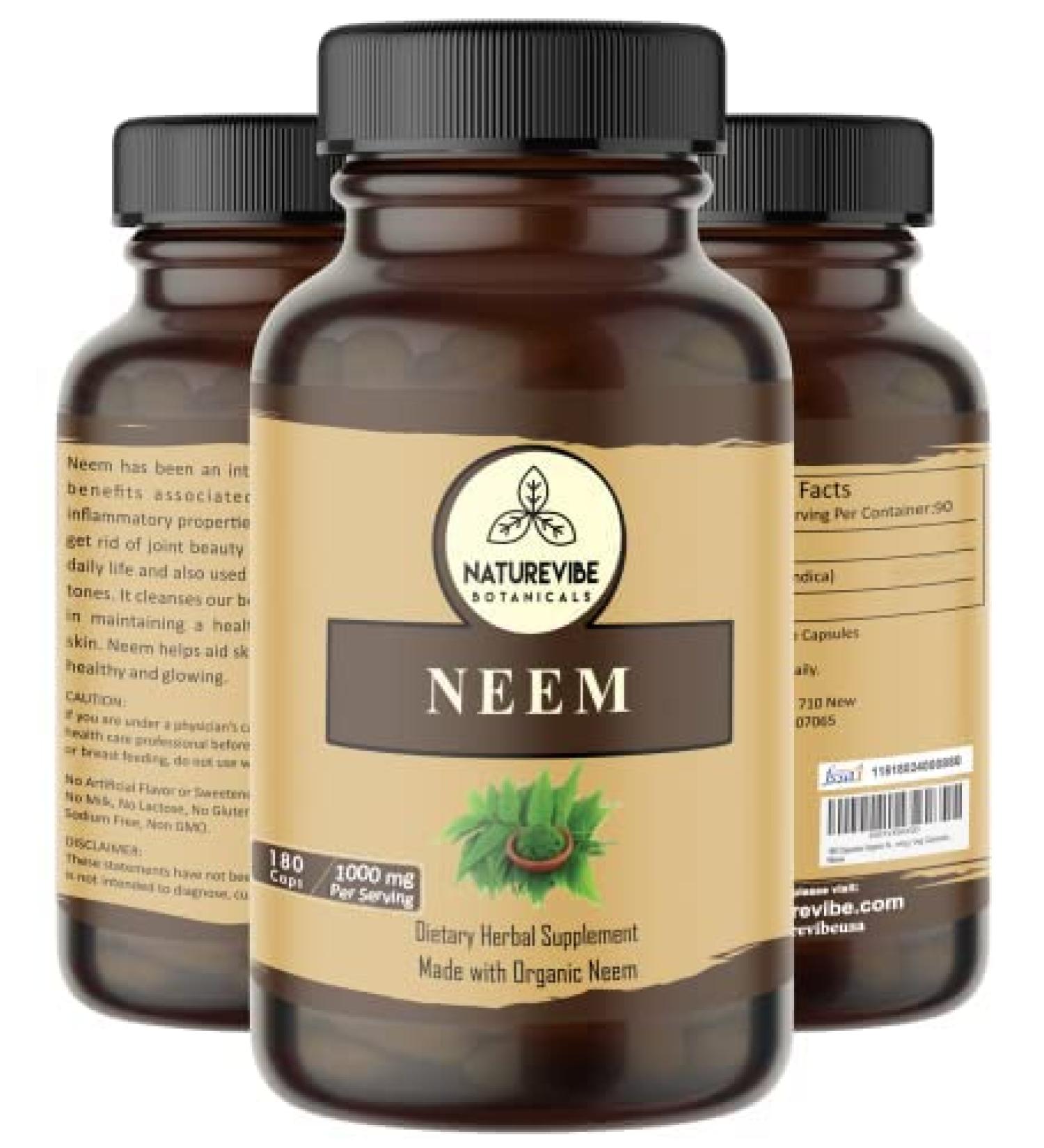 Naturevibe Botanicals Neem Capsules 180 Veg | Herbal Supplement for Healthy Skin | 600mg Per Serving - Buy Online on GoSupps.com