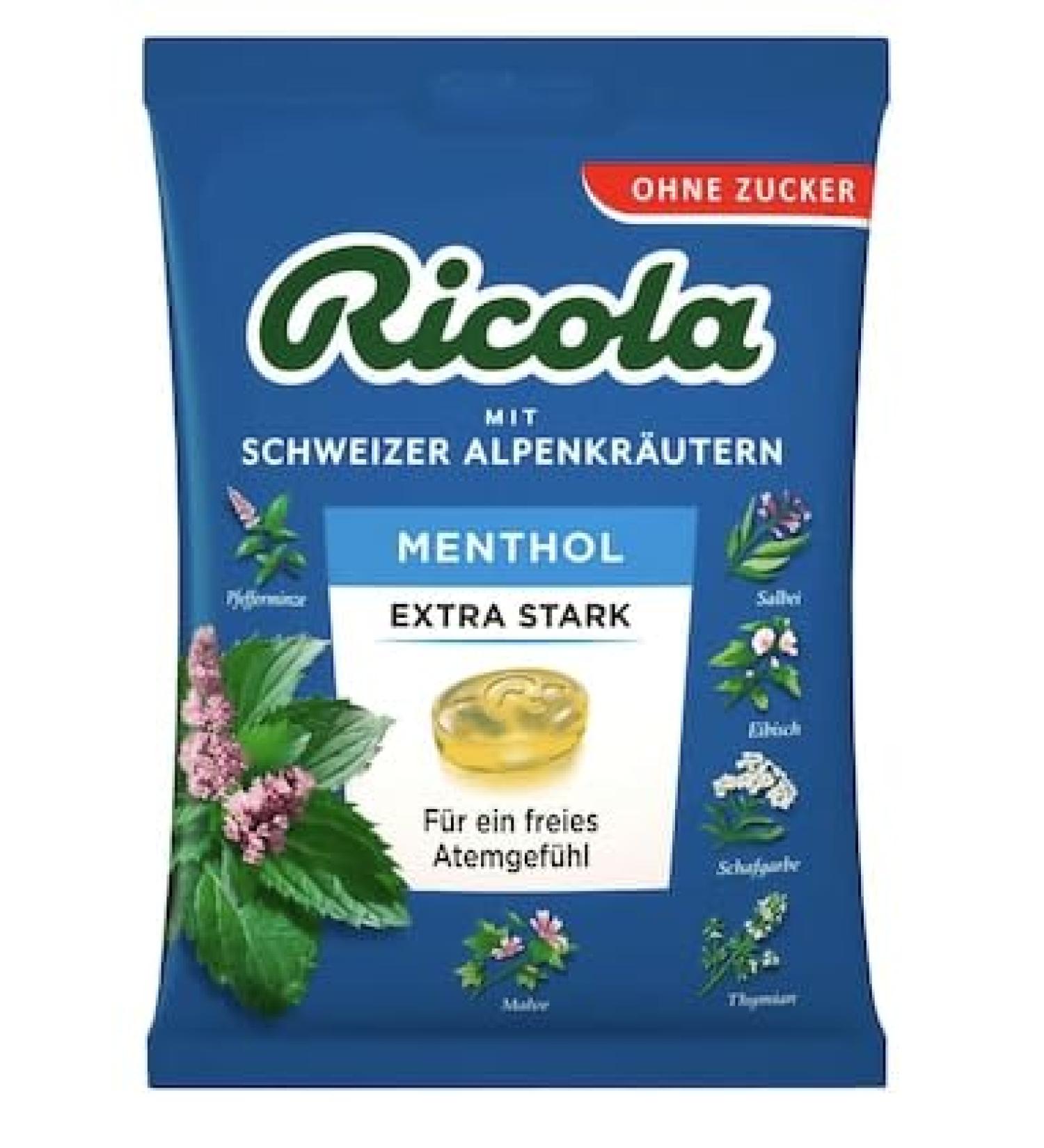 Menthol Extra Stark - Bonbons suisses aux Menthe Extra Fort sans sucre confiserie traditionnelle au go t frais et agr able recette originale suisse paquet familial - Compatible avec Ricola - 75g