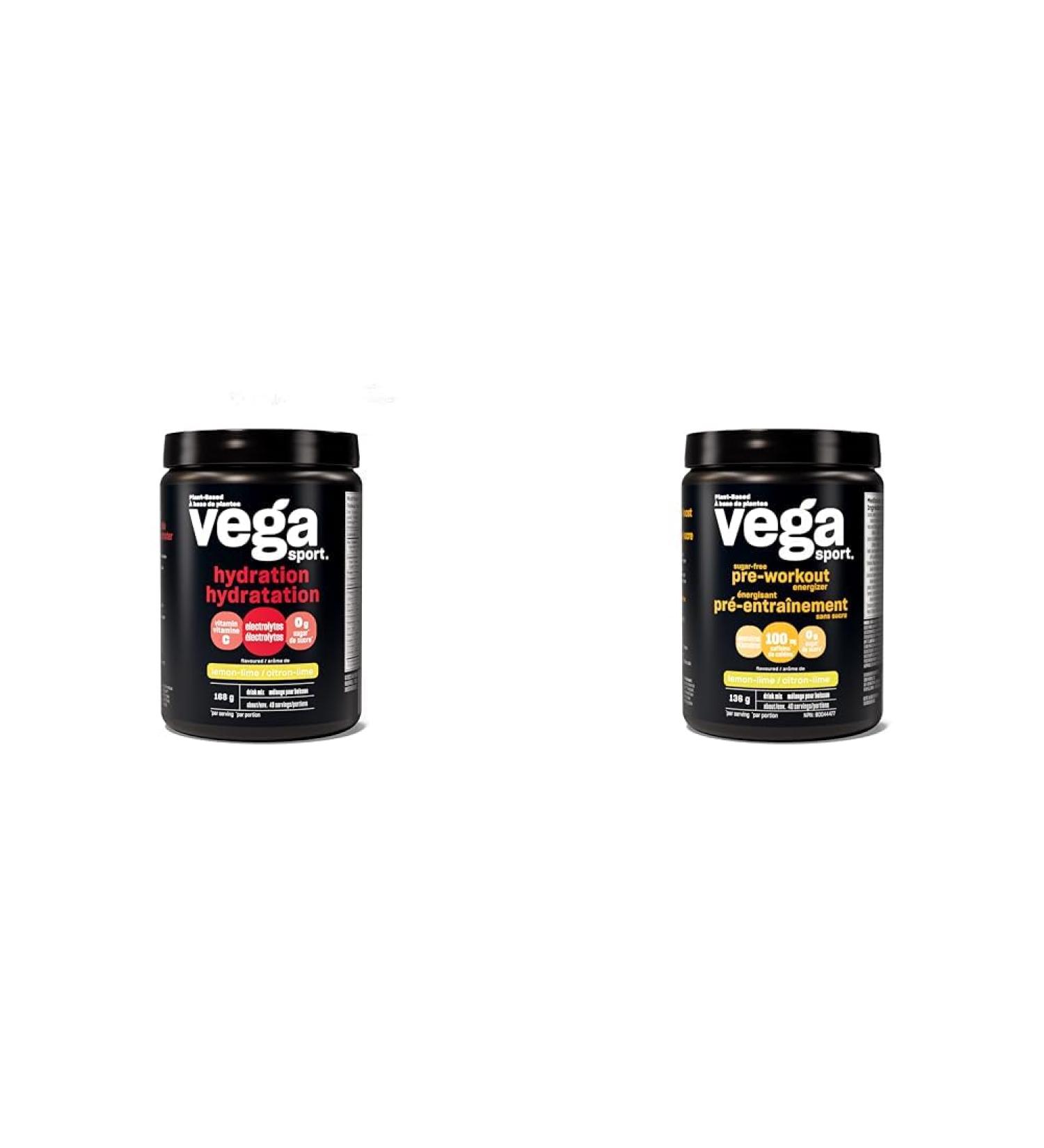 Vega Sport Hydration Electrolyte Powder Lemon Lime (40 Servings) & Sport Sugar Free Pre-Workout Energizer Lemon Lime (40 Servings) Lemon Lime + Powder 40 Servings (Pack of 1) - Buy Online on GoSupps.com