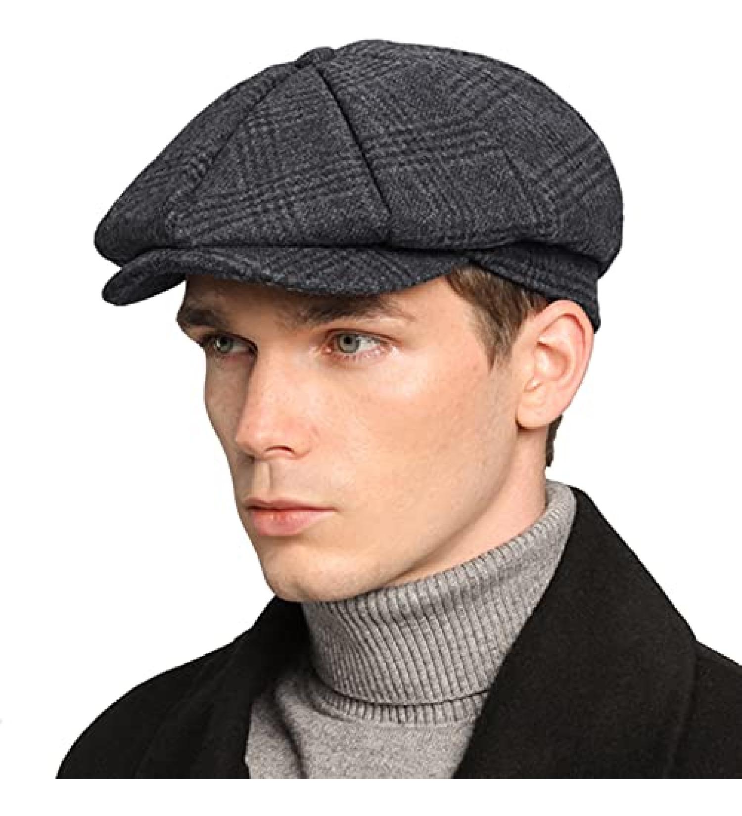 Men's High Woolen Tweed Newsboy Cap - Dark Grey Plaid - Size 7 1/2-7 3/4 - Buy Online on GoSupps.com
