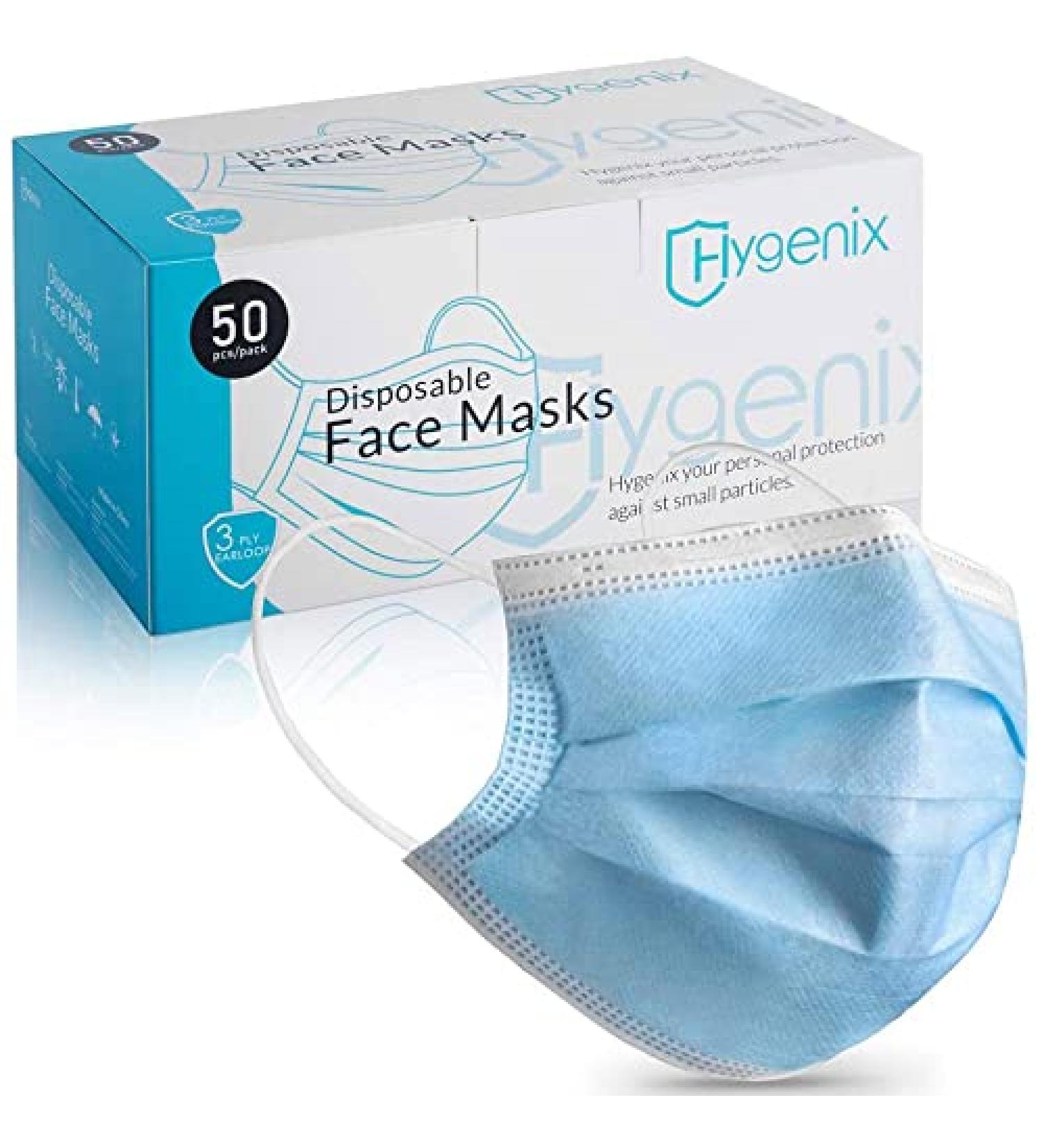 HYGENIX 3-Ply Disposable Face Masks - PFE 99% Filter Quality - Tested by US Lab - Pack of 50 Pcs (Light Blue) - Buy Online on GoSupps.com