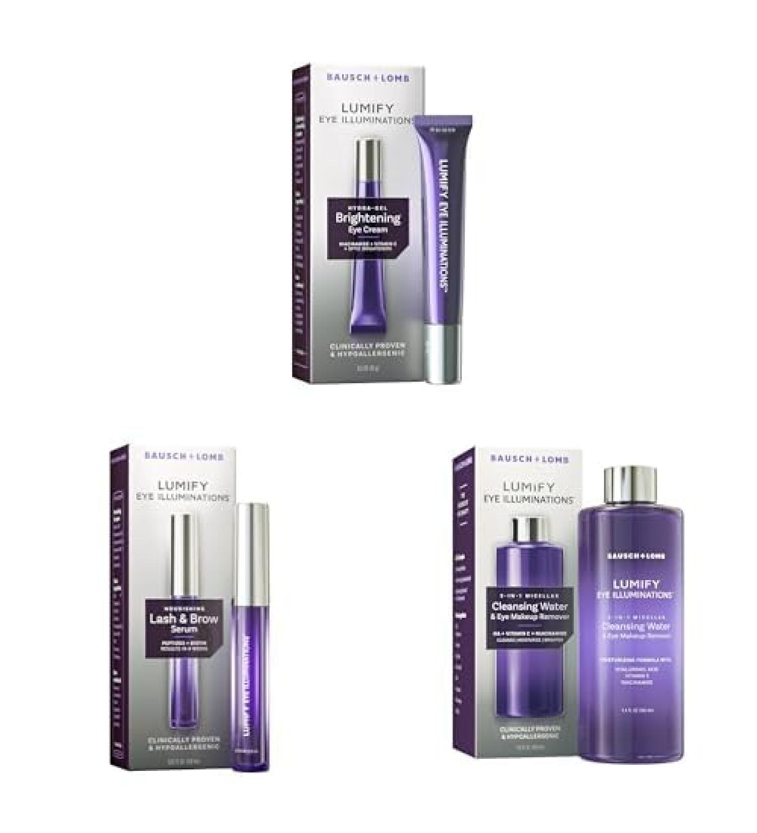 LUMIFY Eye Illuminations Hydra-Gel Brightening Eye Cream Nourishing Lash & Brow Serum 0.12 fl oz (3.8 mL) & Cleansing Water & Eye Makeup Remover 0.12 Fl Oz (3.8 mL) Bundle
