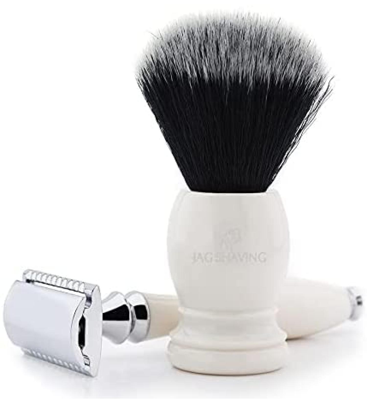 Double Edge razor with synthetic hair shaving brush in ivory handle by Jag Shaving