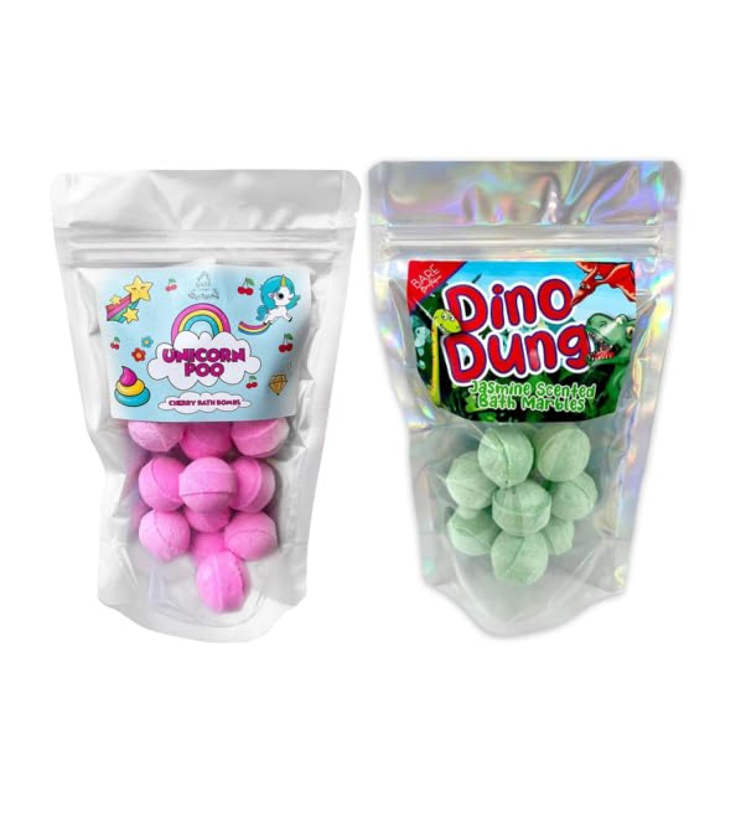 Unicorn Poo and Dino Dung Double Pack. 2 x 12 Mini Bath Bombs. 12 Unicorn Poo Cherry Scented 12 Dino Dung Jasmine Scented. Ideal Stocking Filler Secret Santa Unicorn Poo Dino Dung Double Pack