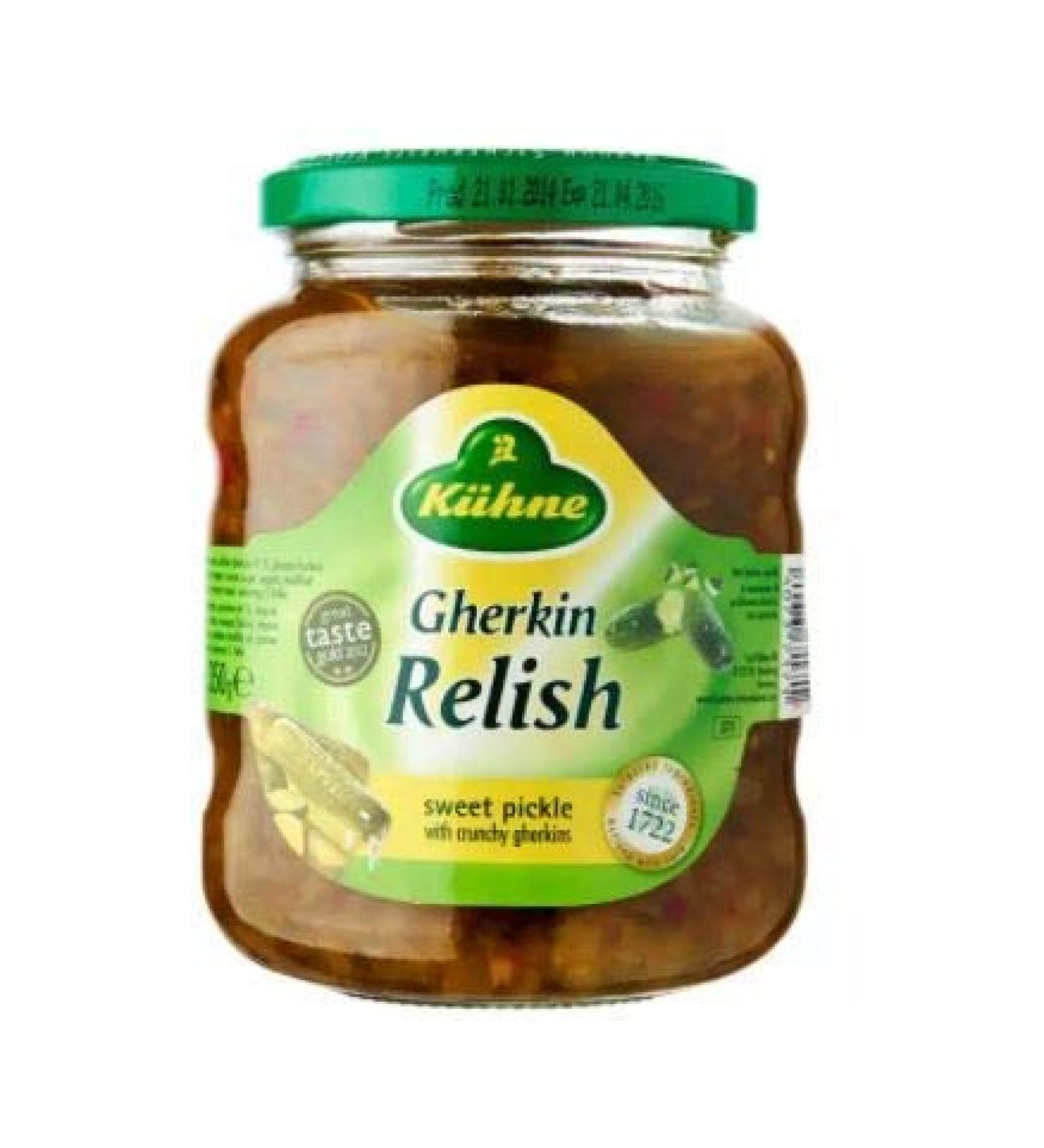 Kuhne Sweet Pickle Gherkin Relish 350g - Mustard Gherkin Relish with Crunchy Gherkin Cubes and Mustard. Complements Meat Dishes Sandwiches or hot Dogs. - Buy Online on GoSupps.com