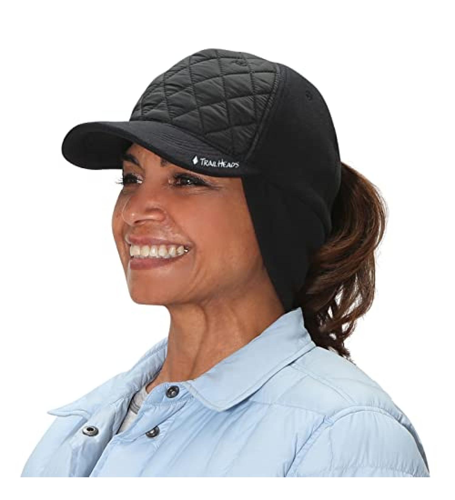 TrailHeads Women's Winter Ponytail Trucker Hat with Ear Warmers - Quilted Black - Buy Online on GoSupps.com
