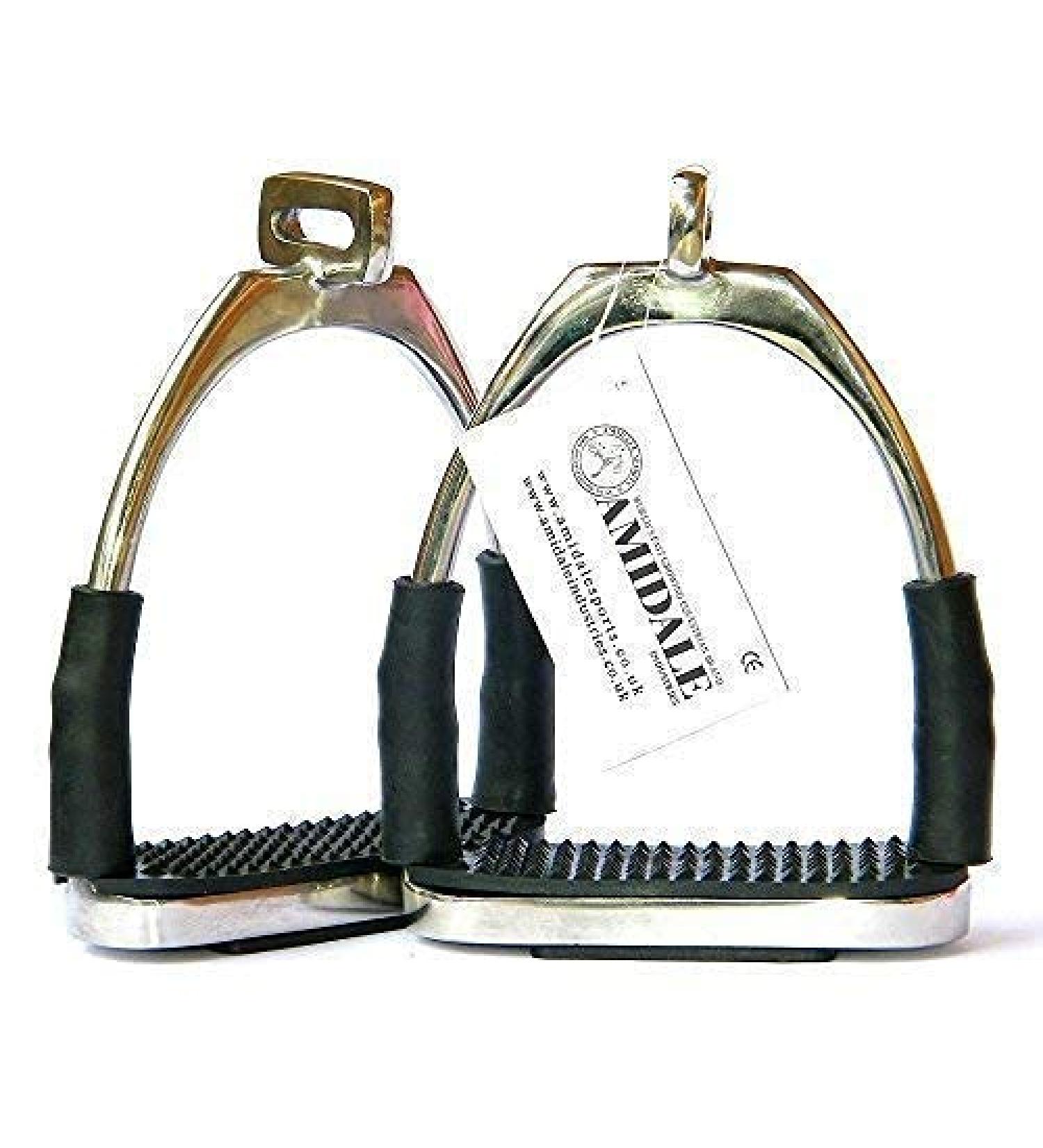 AMIDALE STIRRUPS OFFSET EYE FLEXI SAFETY STIRRUPS OPTIMUM LEG POSITION HORSE RIDING IRONS STAINLESS STEEL 4.75" BNWT