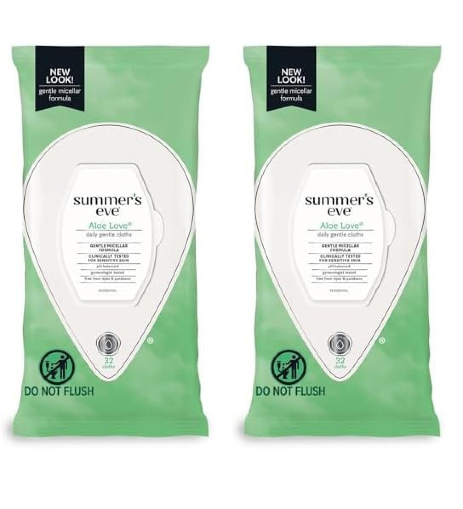 Summer's Eve Aloe Love Cleansing Cloths - Soft & Gentle 32 Count (Pack of 2) - Ideal for Sensitive Skin - International Shipping Available - Buy Online on GoSupps.com